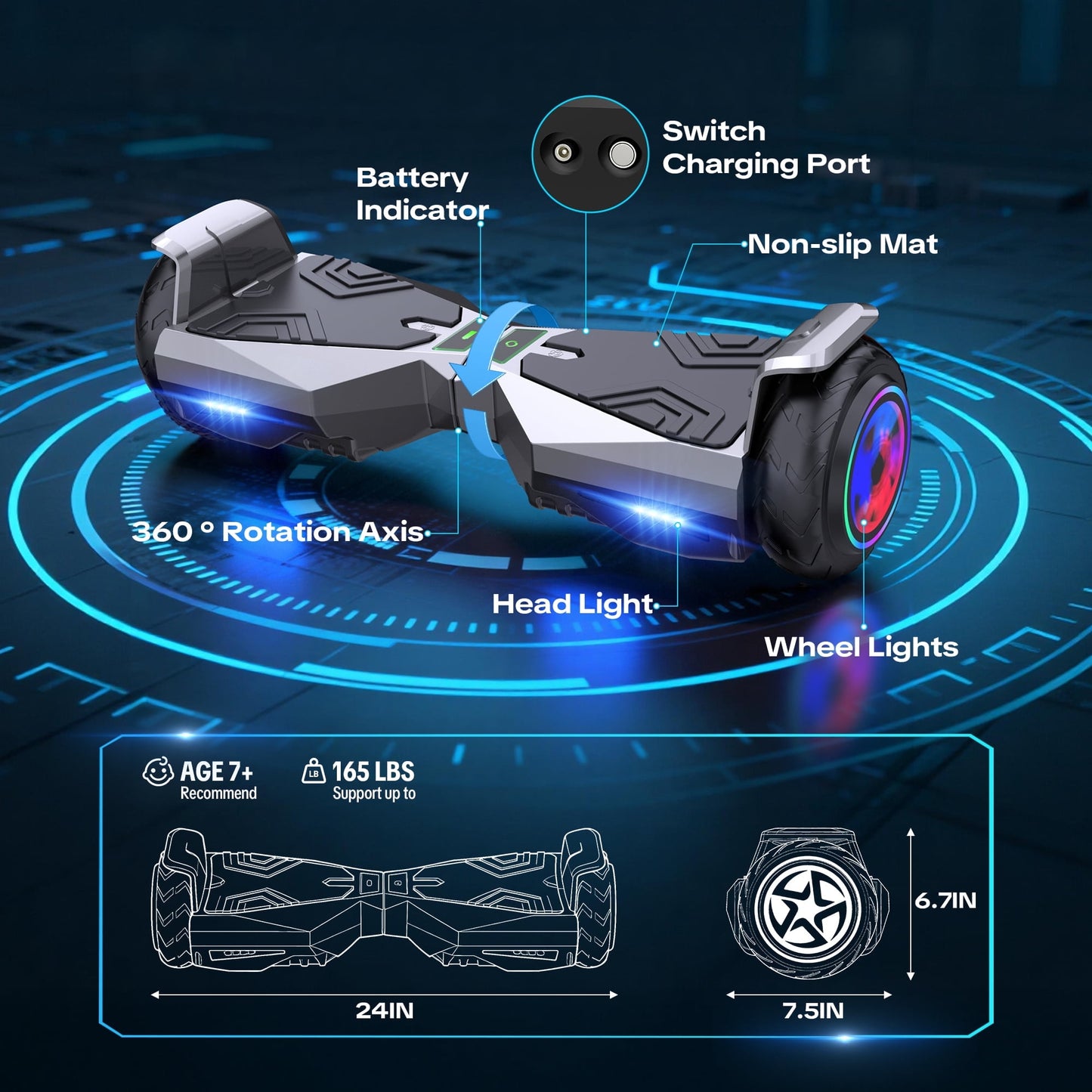 MOSTA All Terrain Self-Balance Scoote ,Electric Scooter Board for Kids & Adults with Bluetooth and Led Lights,6.5 inch,165 lbs capacity Perfect Gift