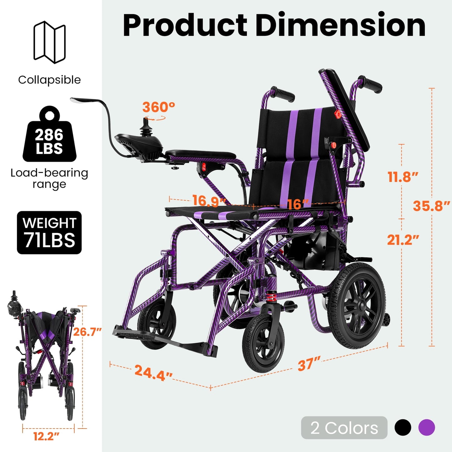 Arshin Electric Wheelchairs for Adults 20+ Miles Range,Silent Electric Wheelchair Lightweight Foldable with 360°Joystick,All Terrain Dual Motors,286+ lbs Capacity(Black)