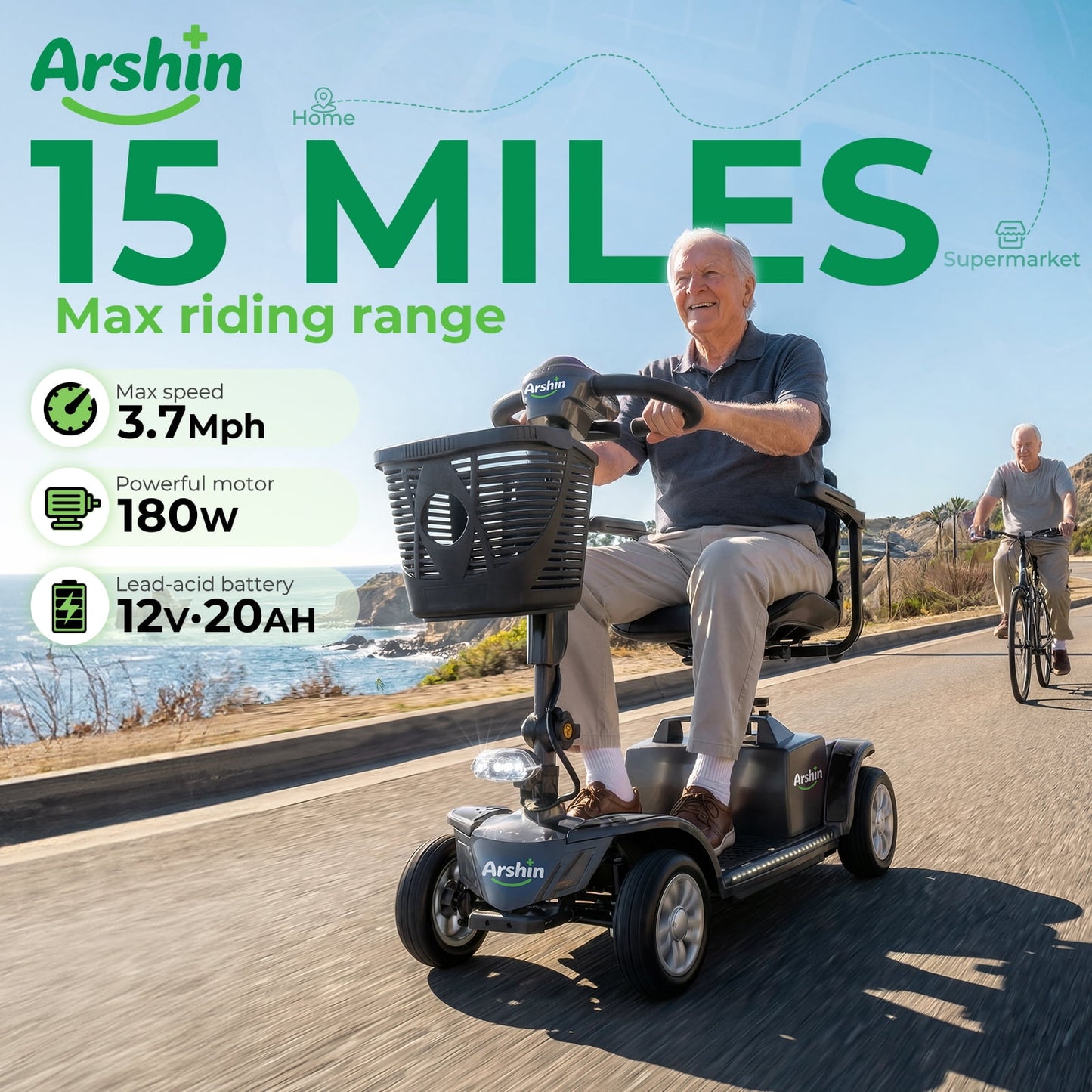 Arshin 4-Wheel Mobility Scooter for Seniors,Easy-to-Use,Foldable & Lightweight,300lbs,Black