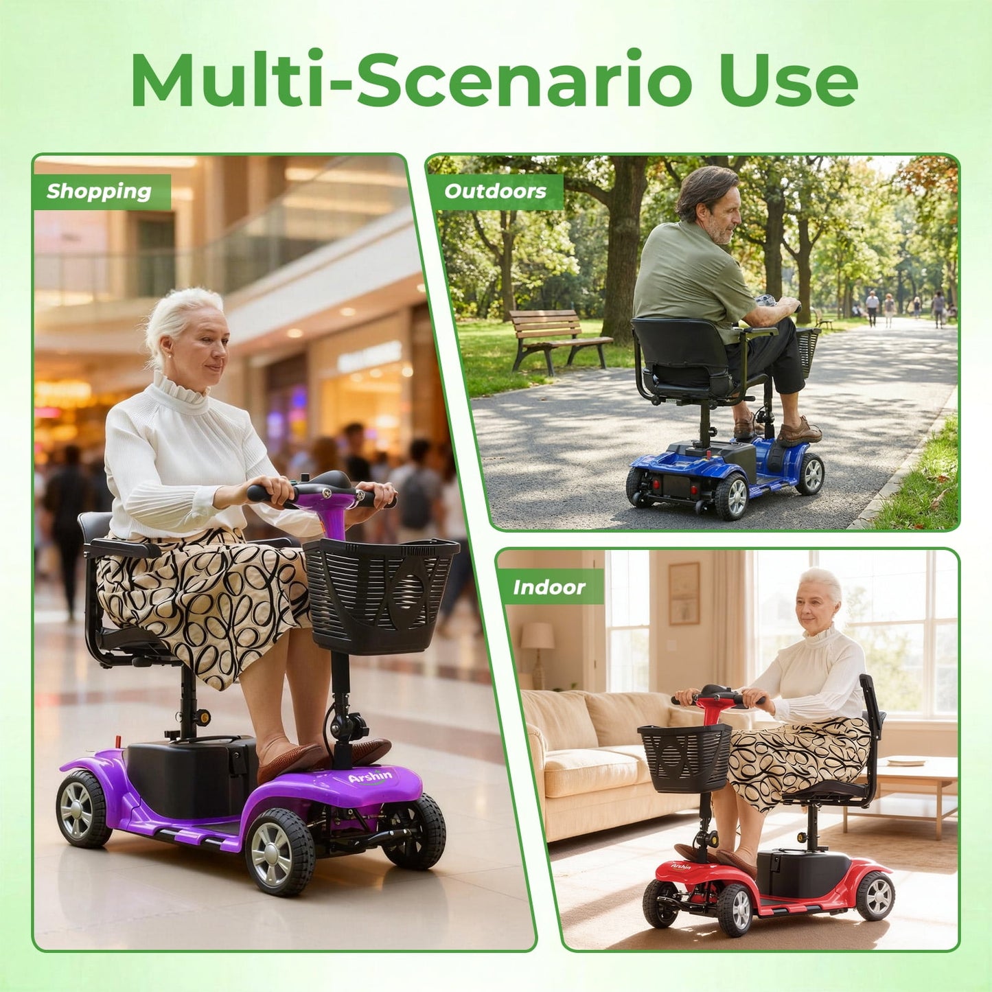Arshin Upgrade 4 Wheels Mobility Scooter with Removable Battery,Compact Heavy Duty Mobile for Travel,Foldable Powered Wheelchair for Adult,300lbs,Purple