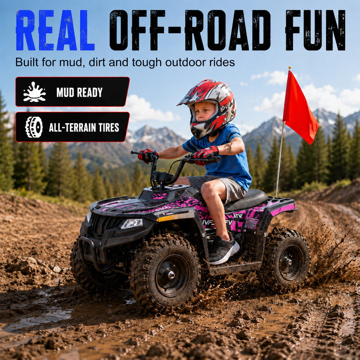 36V Electric 500W Motor 4-Wheeler with Front & Rear Suspension, IVFJFV Electric 4-wheel Off-Road Tires & Safety Flag & LED Headlights,Power Ride on Car for 13+