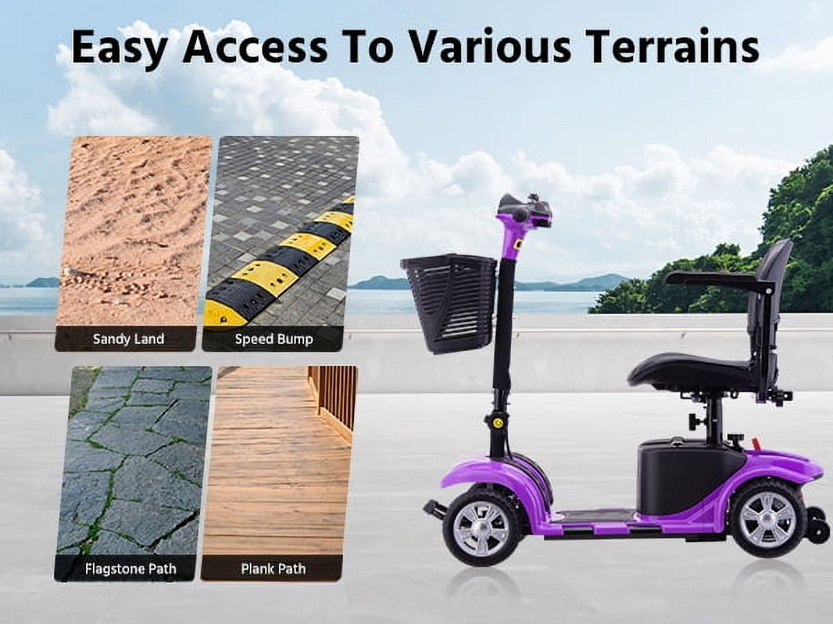 4 Wheels Mobility Scooter for Adults, Senior Electric Powered Chargeable Device for Travel, Lightweight and Portable, with LED Headlights and Basket, Charger Included (Purple)