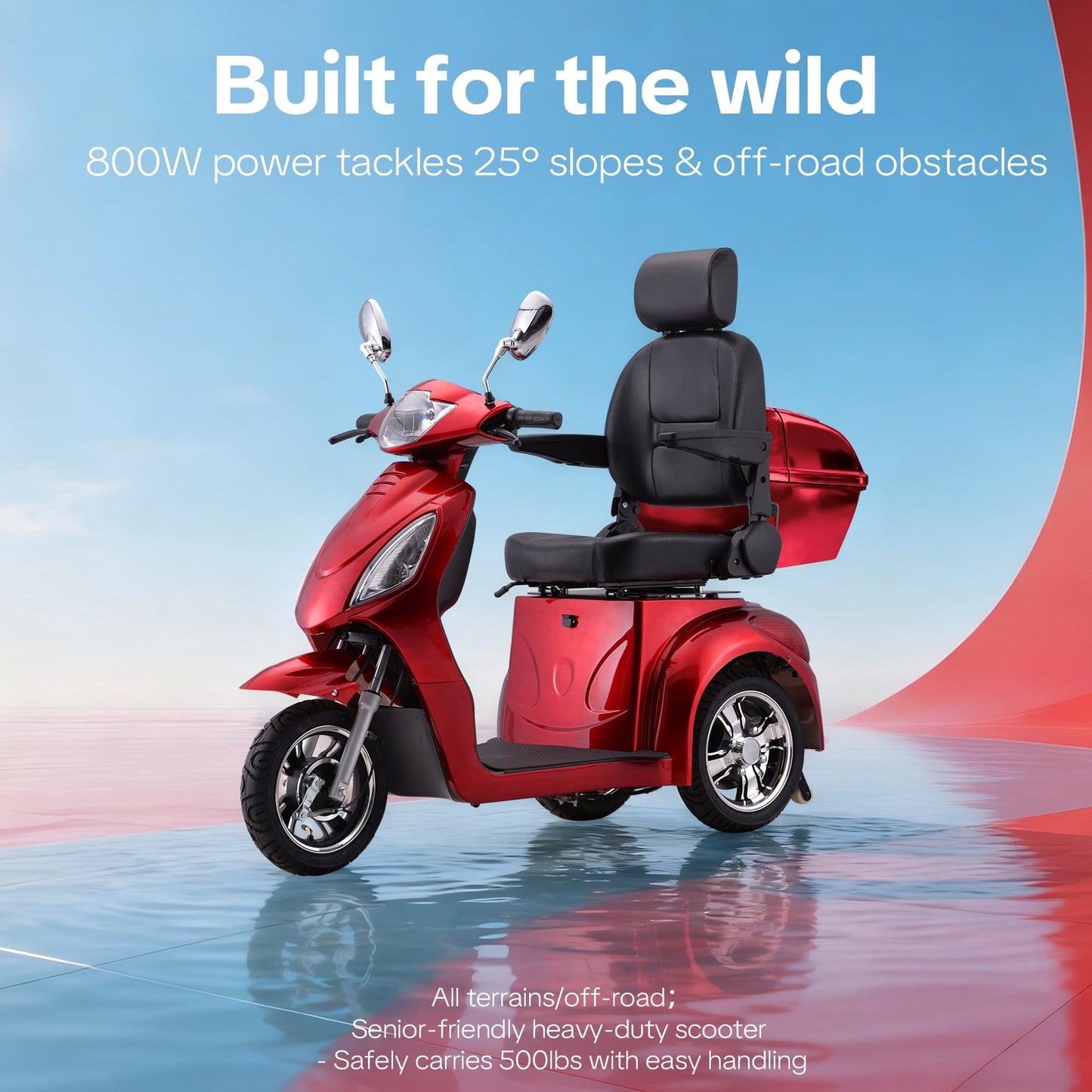 Upgrade Heavy Duty 3 Wheel Mobility Scooter for Seniors & Adults 500lbs Capacity,Arshin Electric Powered Wheelchair Device for Travel,800W All Terrain Mobility Scooter,31 Miles Range,7-15 Mph(Red)