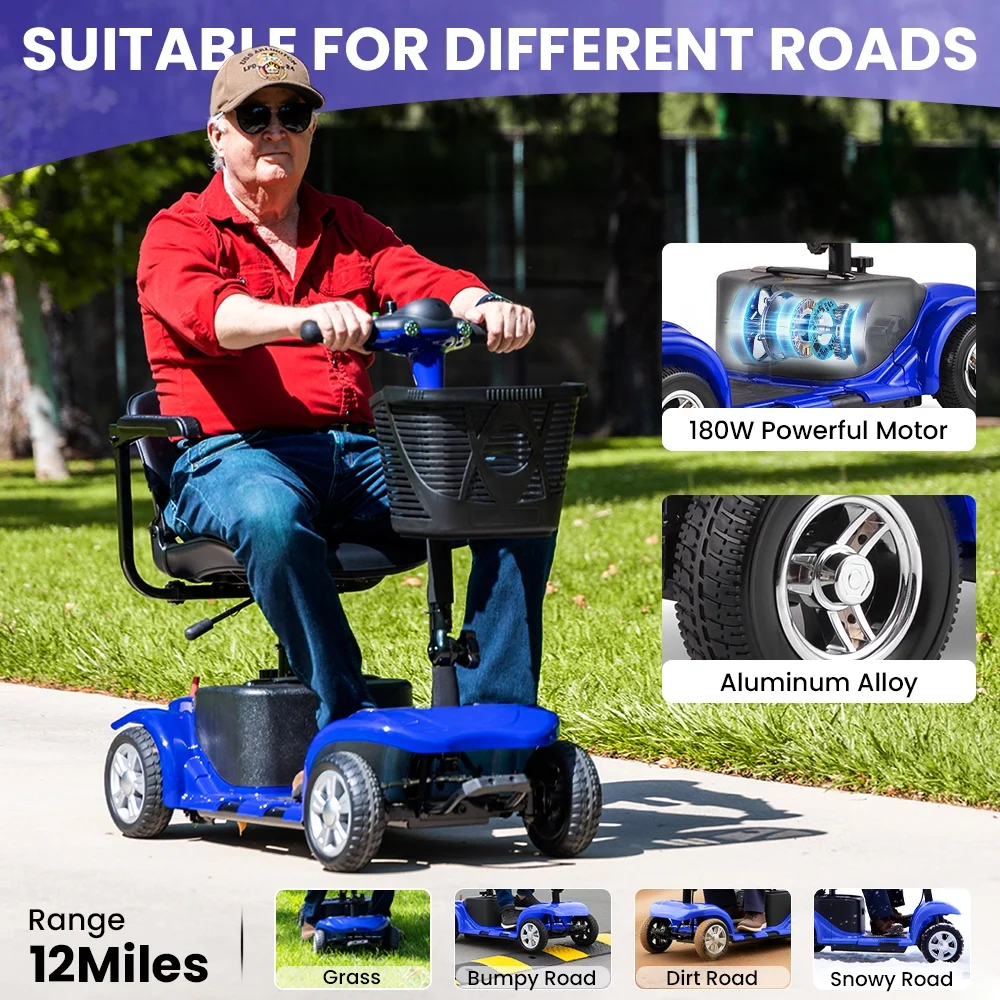 4 Wheel Mobility Scooter for Seniors, Foldable Powered Mobile Wheelchair for Adult 300lbs, Blue