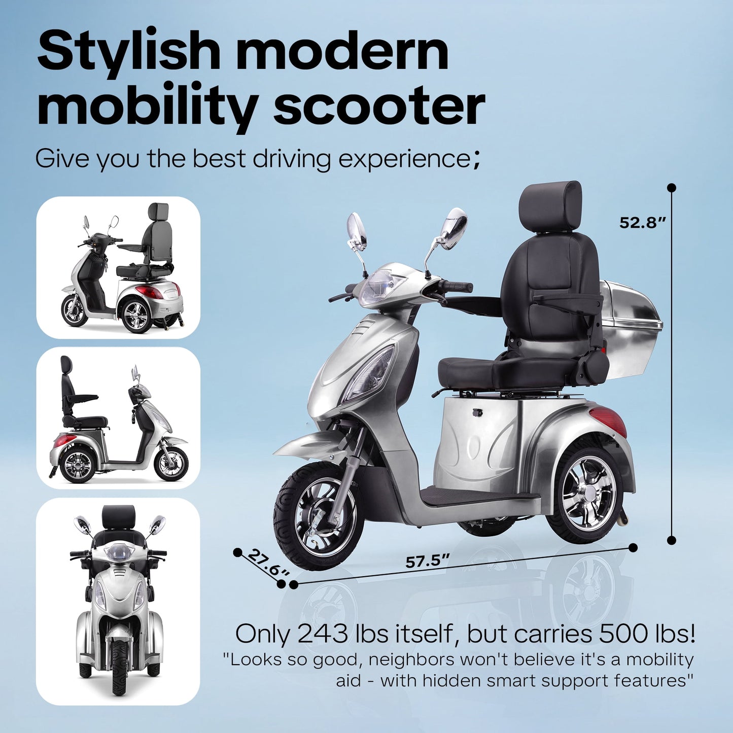 Arshin Heavy Duty 3-Wheel Mobility Scooter for Seniors & Adults–800W Motor,25-31 Mile Range,15 MPH,500 lbs Capacity,Zero Assembly Required,All-Terrain Tires(Silver)