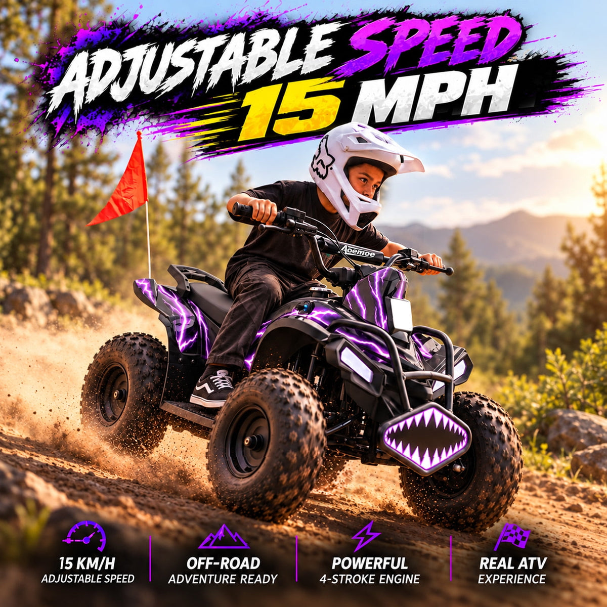 40cc Kid Gas ATV, Gas Powered 4 Wheeler for Kid 6+, 4-Stroke Beginner ATV, Up to 15 MPH, Adjustable Speed, Safety Switches, Front & Rear Brakes - Purple