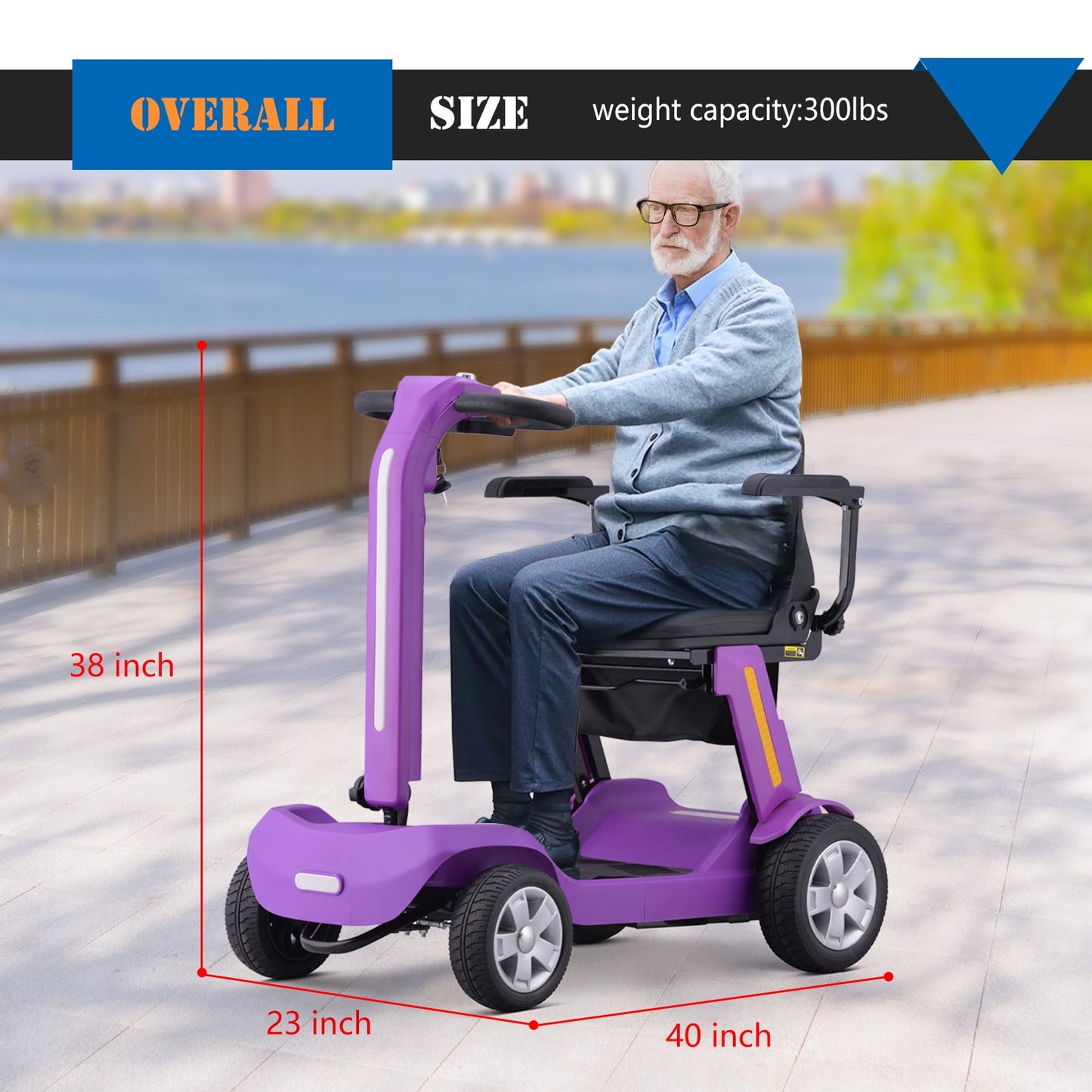 SKRT Foldable Mobility Scooter for Adults & Senior, 4 Wheels Powered Device for Travel, Lightweight and Portable, with LED Strip Light, Storage Bag, Charger Included, No Assemble required