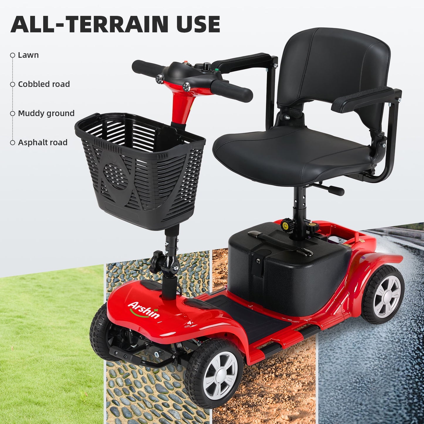 Arshin Mobility Scooters for Seniors,4 Wheels Outdoor Mobility Scooters Lightweight and Portable,180W 24V Electric Mobility Scooters with High-Power Motor,Suitable for Travel,Adults,Elderly(Red)