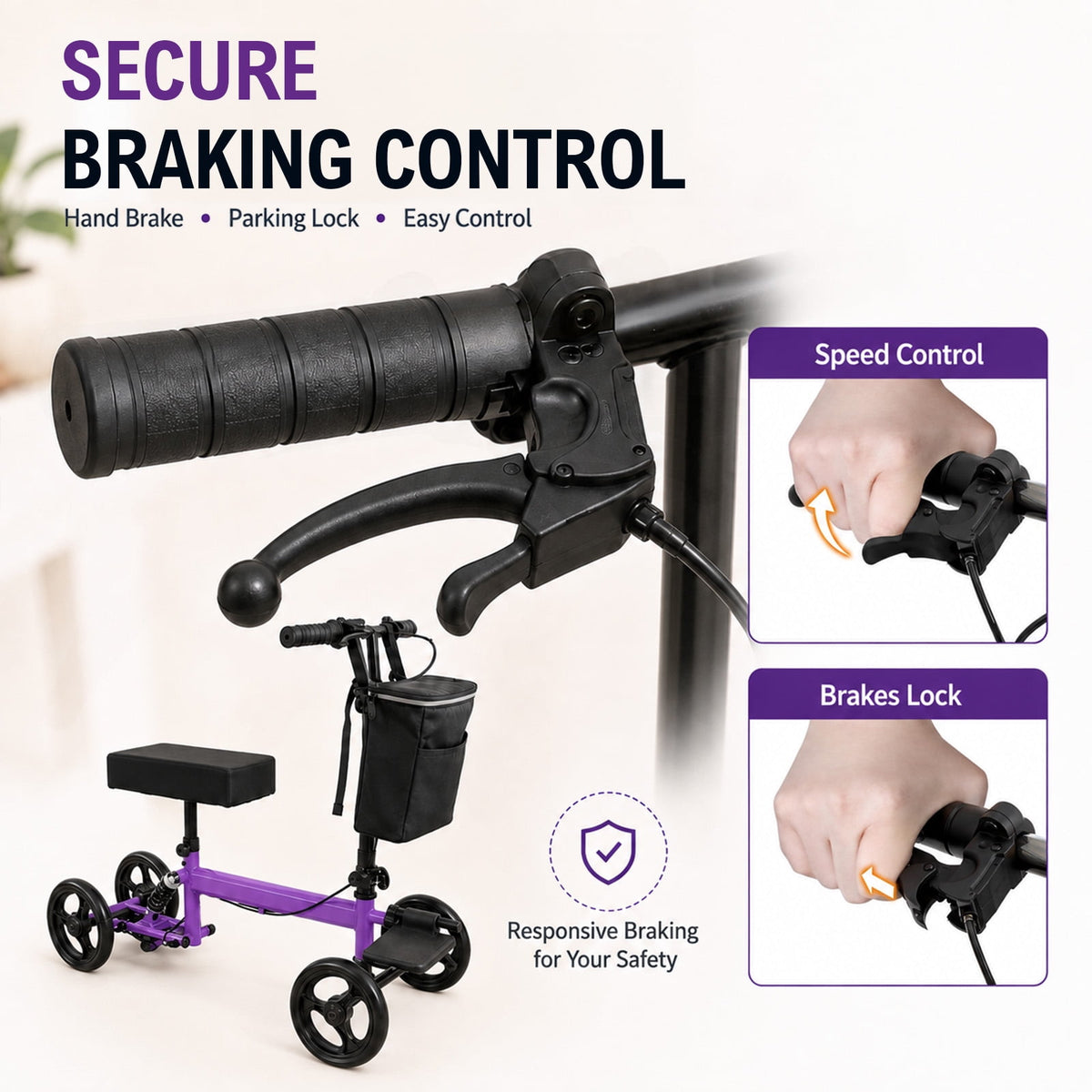 Aoemoe Foldable Knee Walker, 300 lbs Steerable Scooter for Foot & Ankle Recovery, Purple