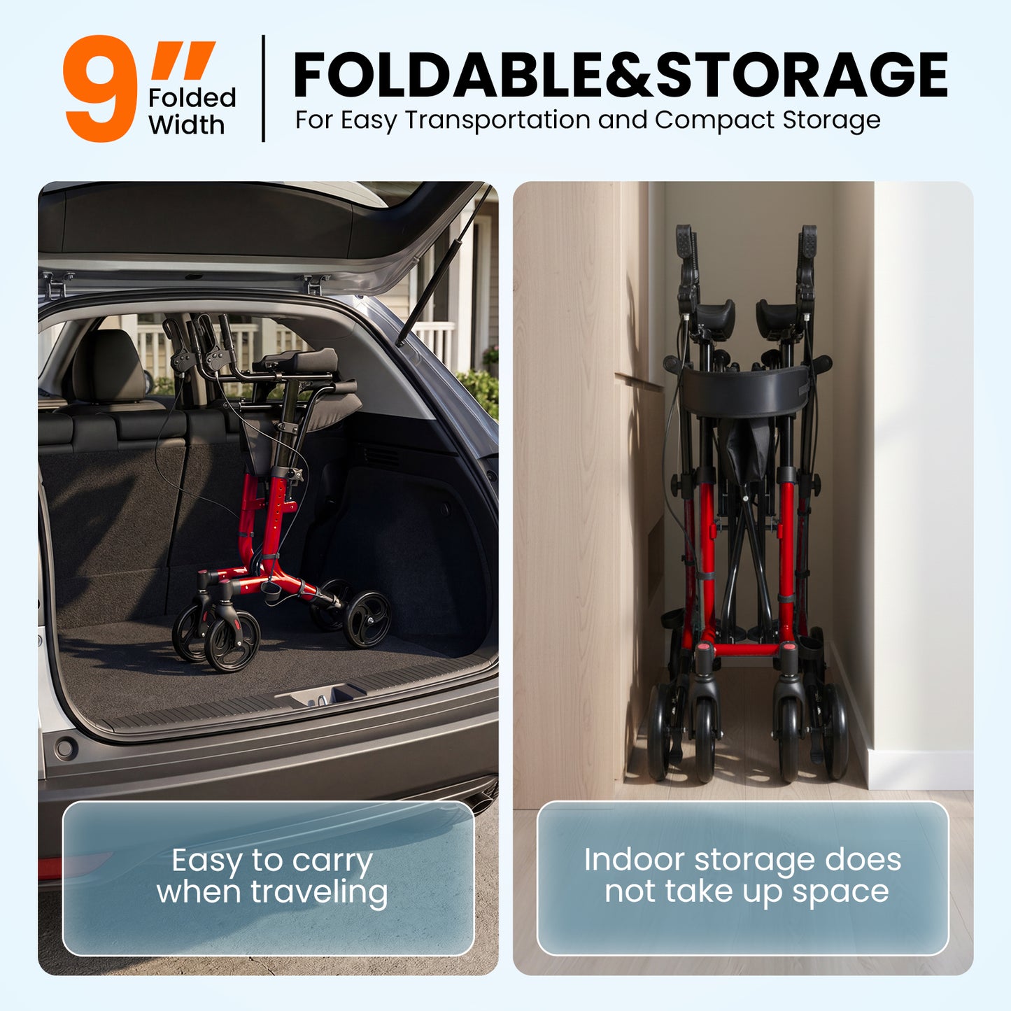 LiltJan 2-in-1 Upright Rollator Walker for Seniors - Lightweight Foldable Walker with Seat & Adjustable Arm Supports, Standing & Seated Transport Chair, 300 lbs Capacity