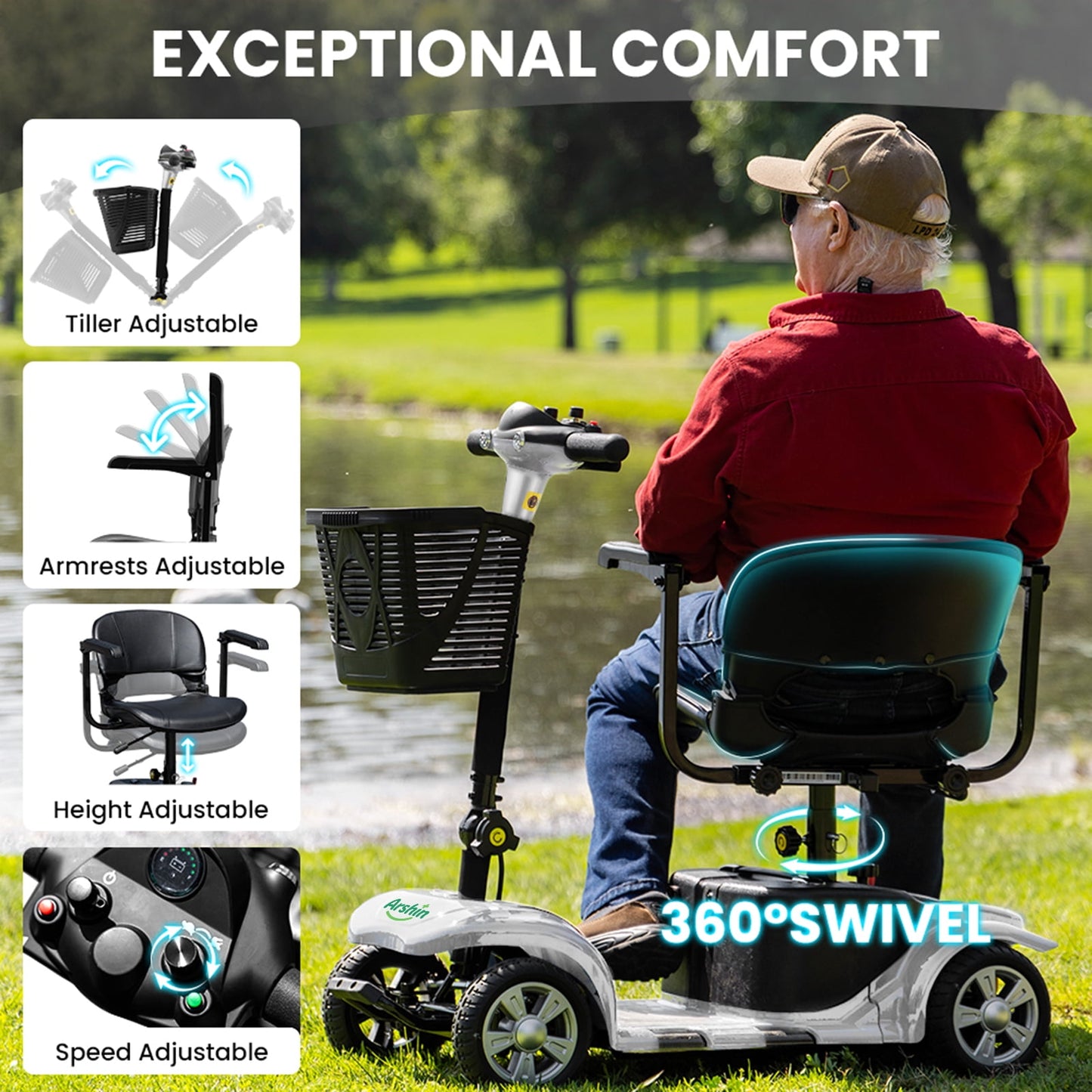 Arshin Upgrade 4 Wheels Mobility Scooters for Seniors & Adult,All Terrain Motorized Scooters with 300 lbs,Silver
