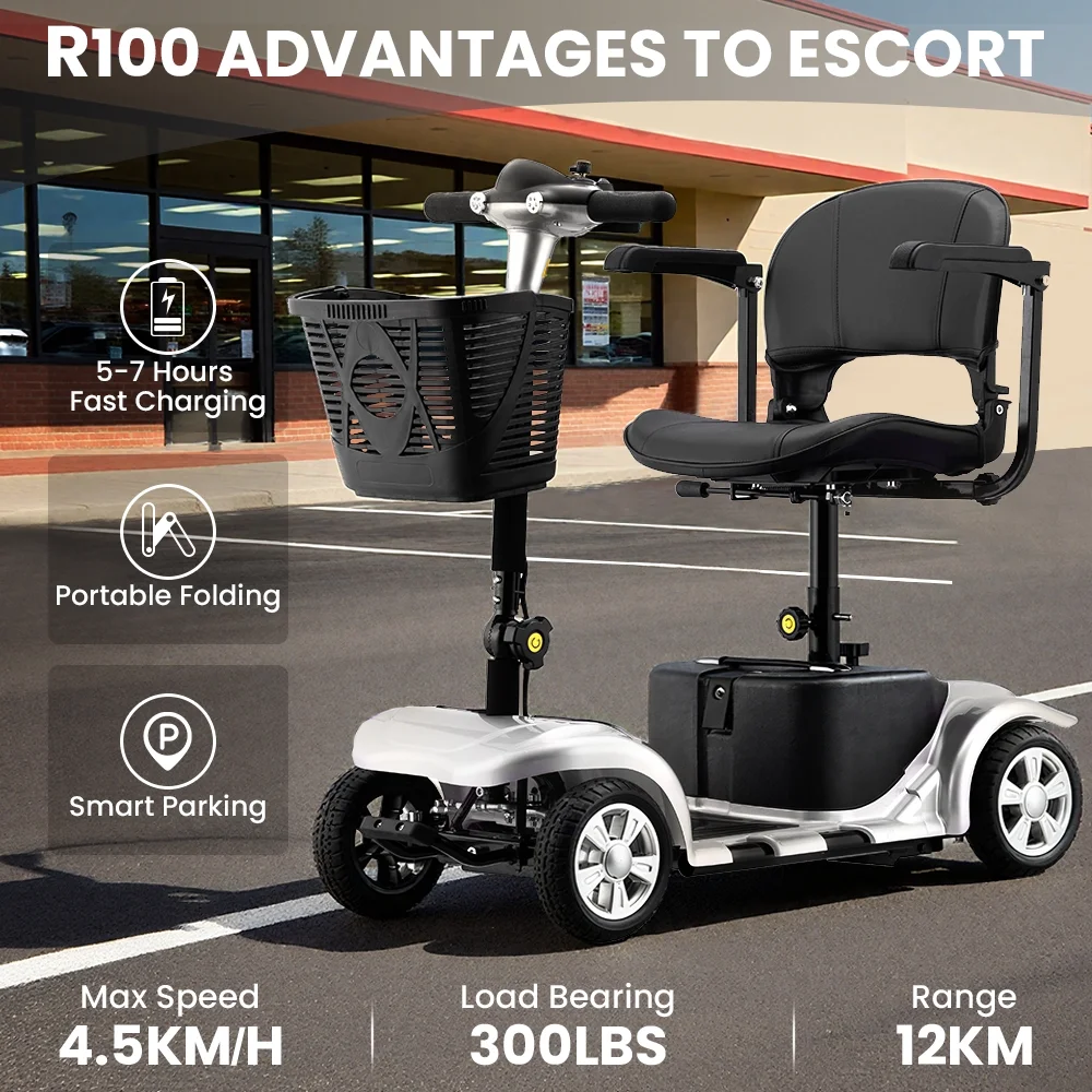 4 Wheel Mobility Scooter for Seniors, Foldable Powered Mobile Wheelchair for Adult 300lbs, Silver