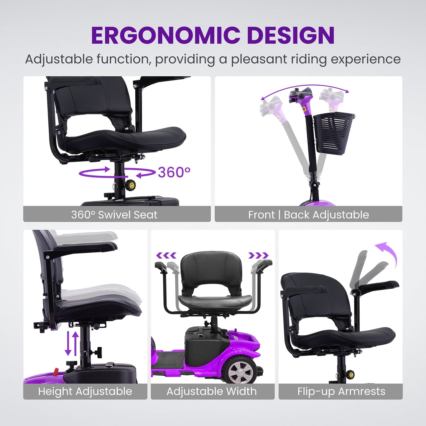 Arshin Mobility Scooter,4 Wheel Mobility Scooter for Adults,Senior,Electric Powered Wheelchair Chargeable Device for Travel,Purple