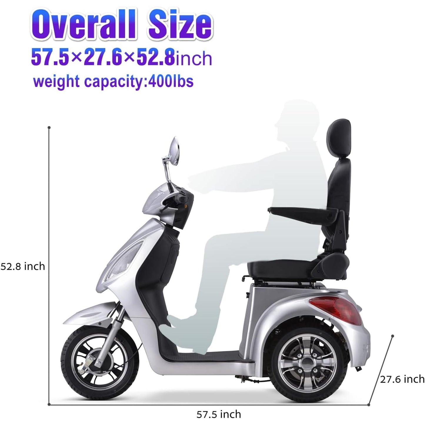 LiltJan 3-Wheel Electric Mobility Scooter for Seniors, 500lb Heavy Duty Capacity Power Scooter, 800W Motorized Medical Scooter with 31-Mile Long Battery Life