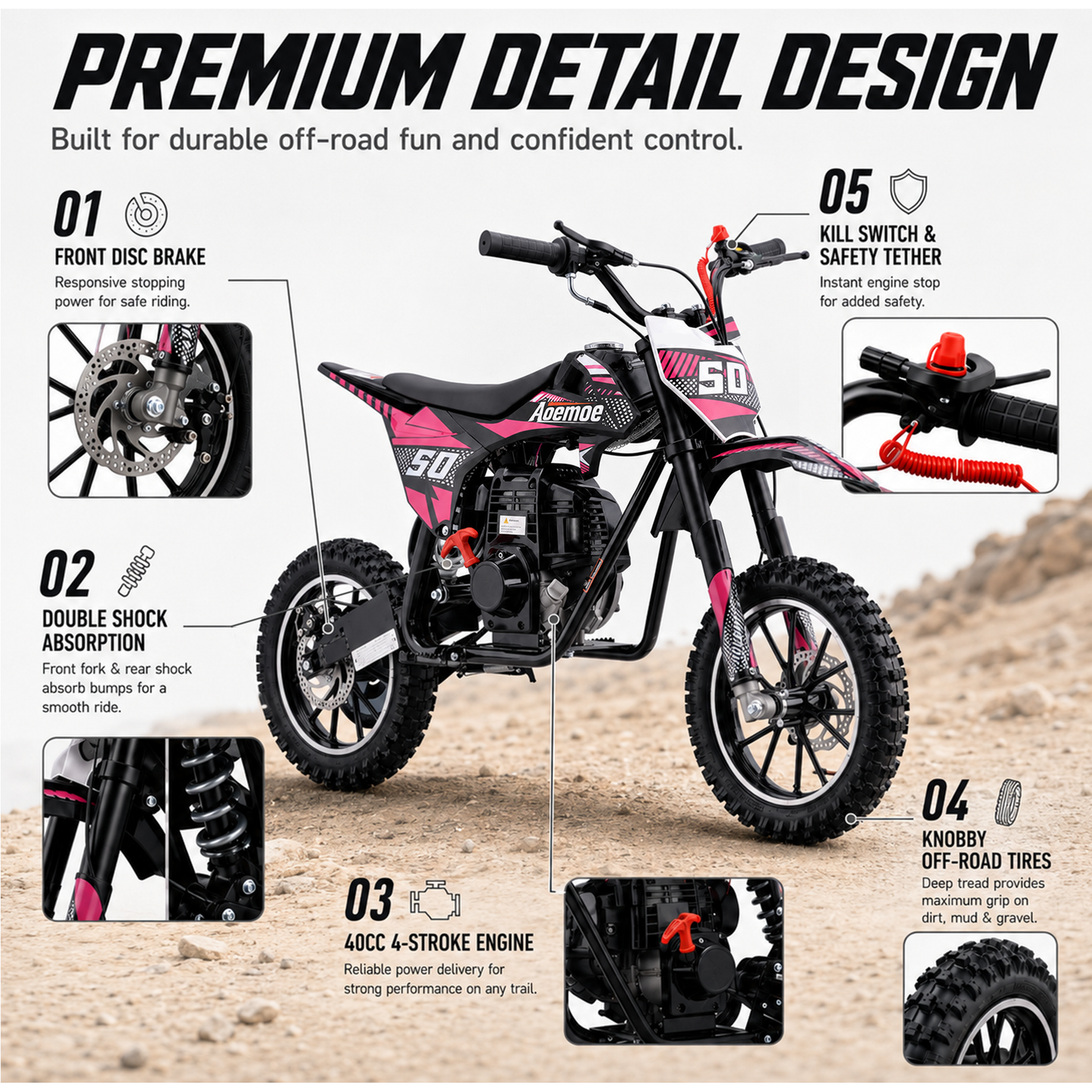 Aoemoe 39cc motor bike, 20mph gas dirt bikes for boys 8 12, Disc Brakes, Max Load 165Lbs, kids dirt bike, Pink