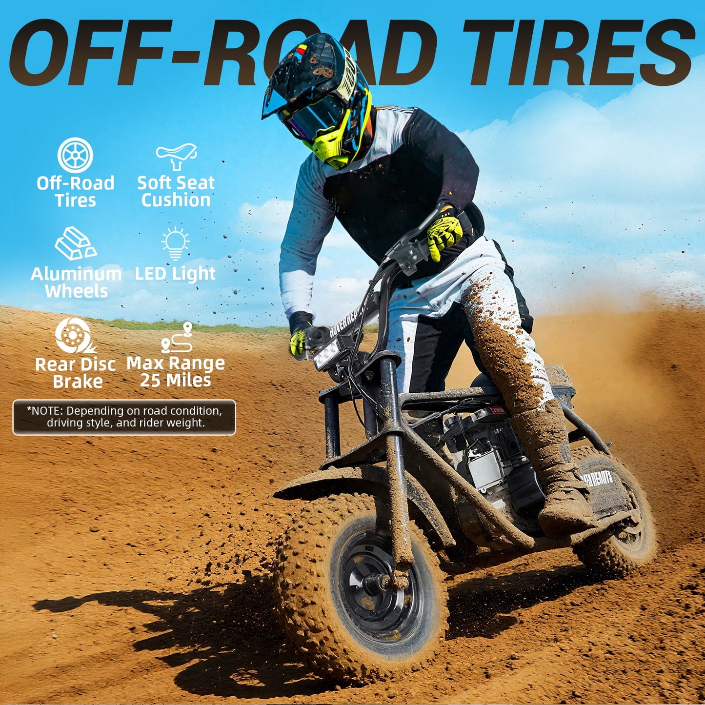 HOVERHEART Gas Mountain Bike, 105cc 4-Stroke Gas Powered Off Road Motorcycle (Model-MB0001) with Led Lights, Disc Brake, Max Load 200Lbs, Up to 30Kph, NO OIL MIX REQUIRED