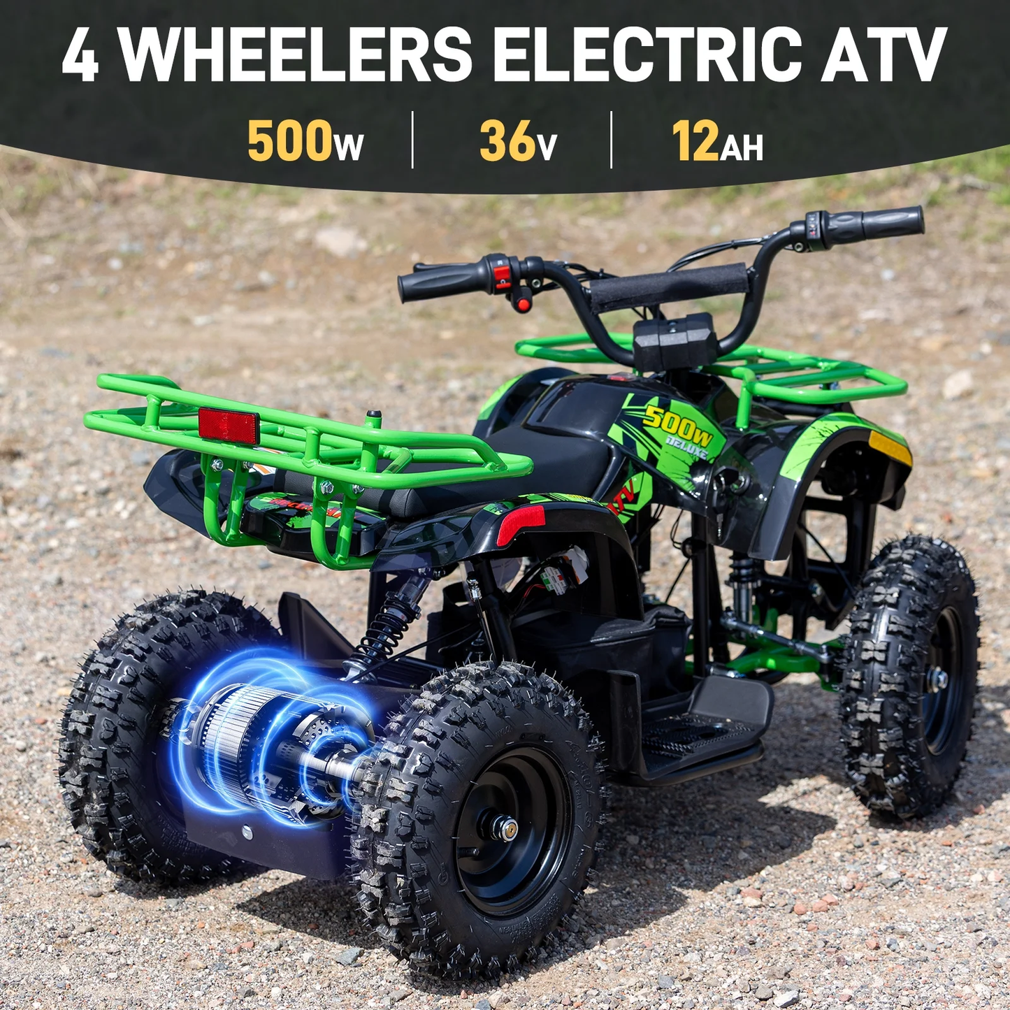 500W 36V Battery Ride-On Off-Road 4-Wheeler – 15-Mile Range, Green