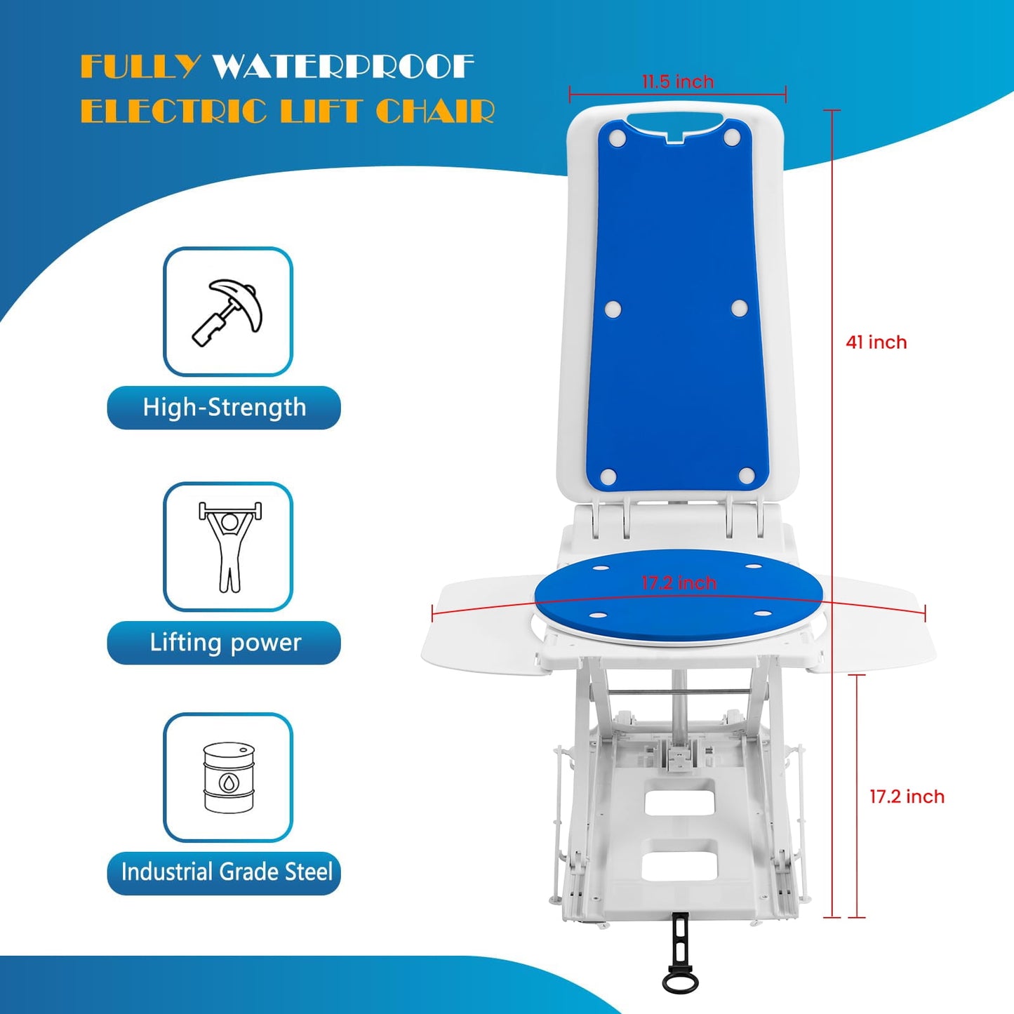 Electric Bath Lift Chair with Backrest and EVA Padding, Adjustable Height & Recline, Battery-Operated with Remote Control, IP68 Waterproof Floor Lift for the Elderly and Disabled, 308 lbs Capacity
