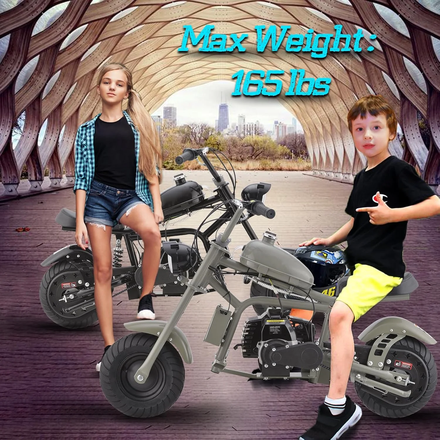 Aoemoe Gas Mini Chopper Bike, DB003 Model 49.4 CC 2-Stroke Dirt Bike with Big Headlight, Rear Shock Absorber, Metal Frame, Disc Brakes, Max Load 165Lbs, Up to 18Mph（Gray）