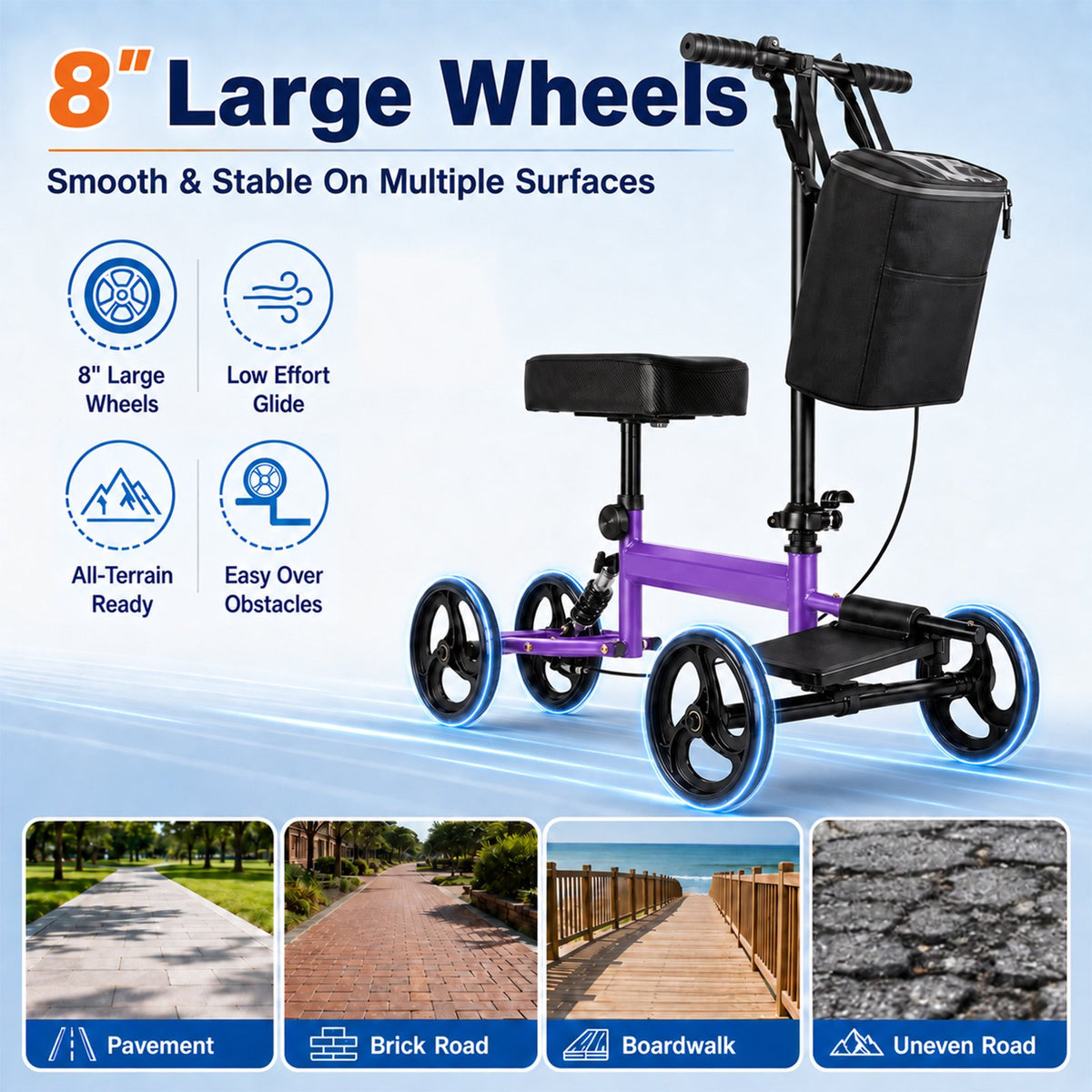 Ostrina All Terrain Knee Scooter,Foldable Knee Walker for Foot Injuries,Adult Knee Scooter with 8" Wheels,Compact Crutches Alternative,Purple