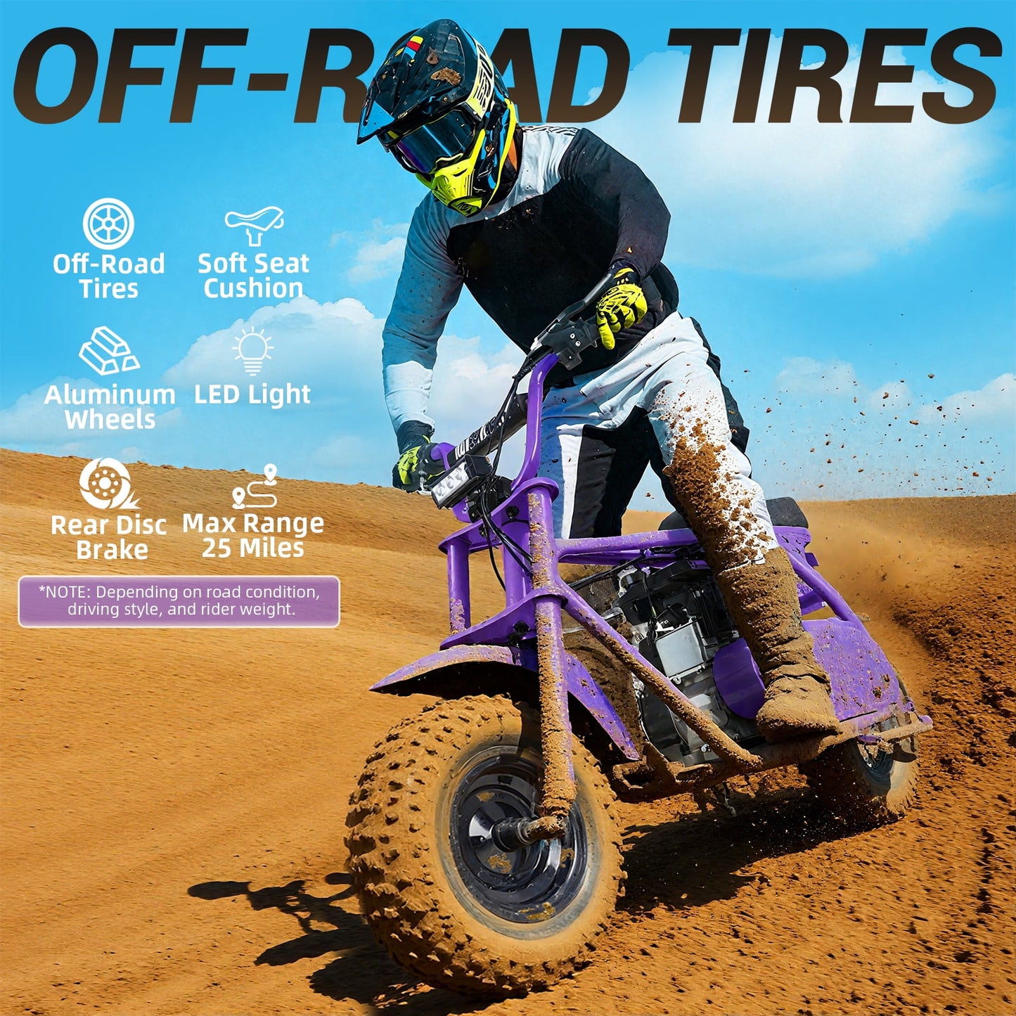 HOVERHEART Gas Mountain Bike, 105cc 4-Stroke Gas Powered Off Road Motorcycle (Model-MB0001) with Led Lights, Disc Brake, Max Load 200Lbs, Up to 30Kph, NO OIL MIX REQUIRED