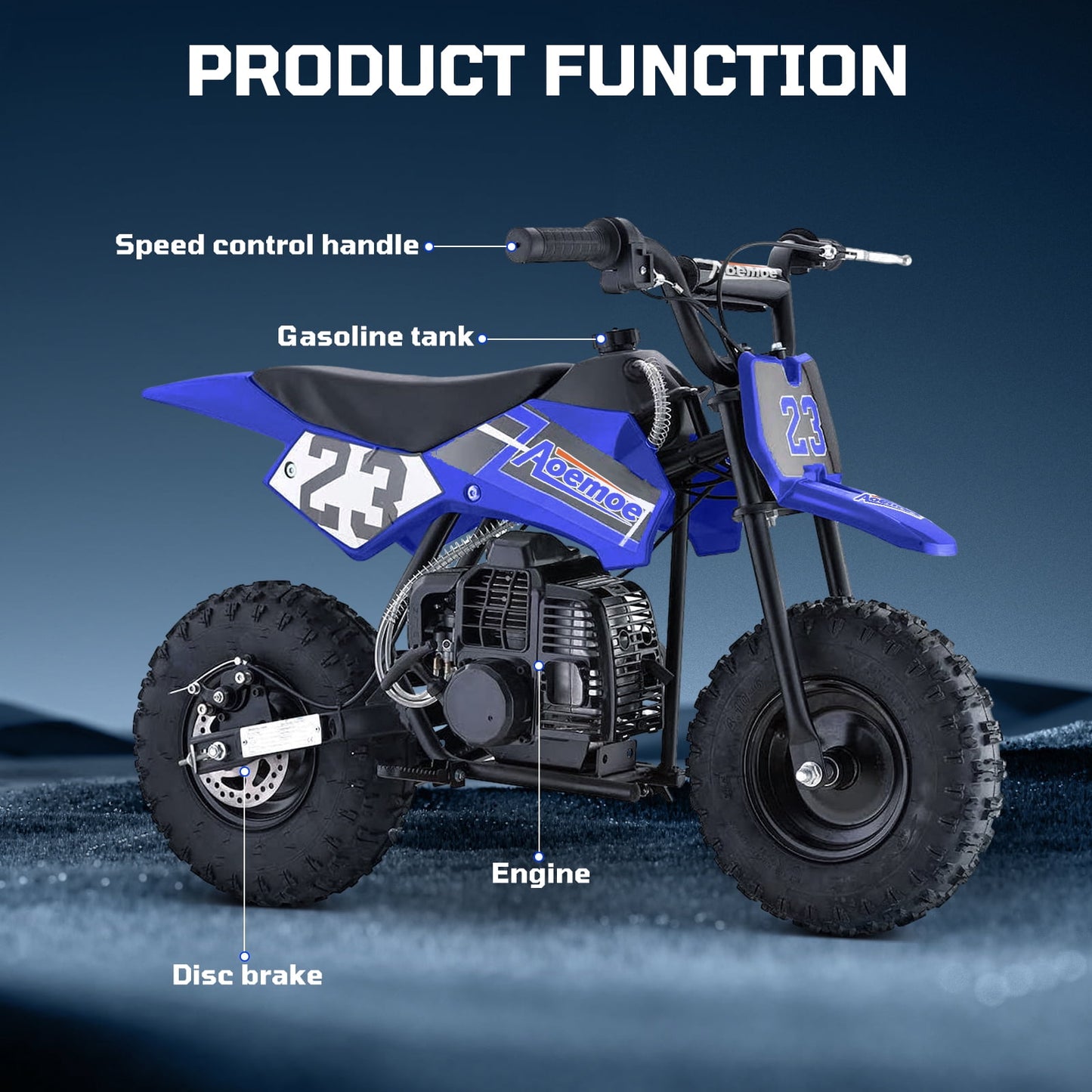 Aoemoe 49cc Kids Dirt Bike Gas Powered, Mini Off-Road Motorcycle with Suspension & Disc Brakes, 18 Mph, 160 Lbs Capacity, Blue