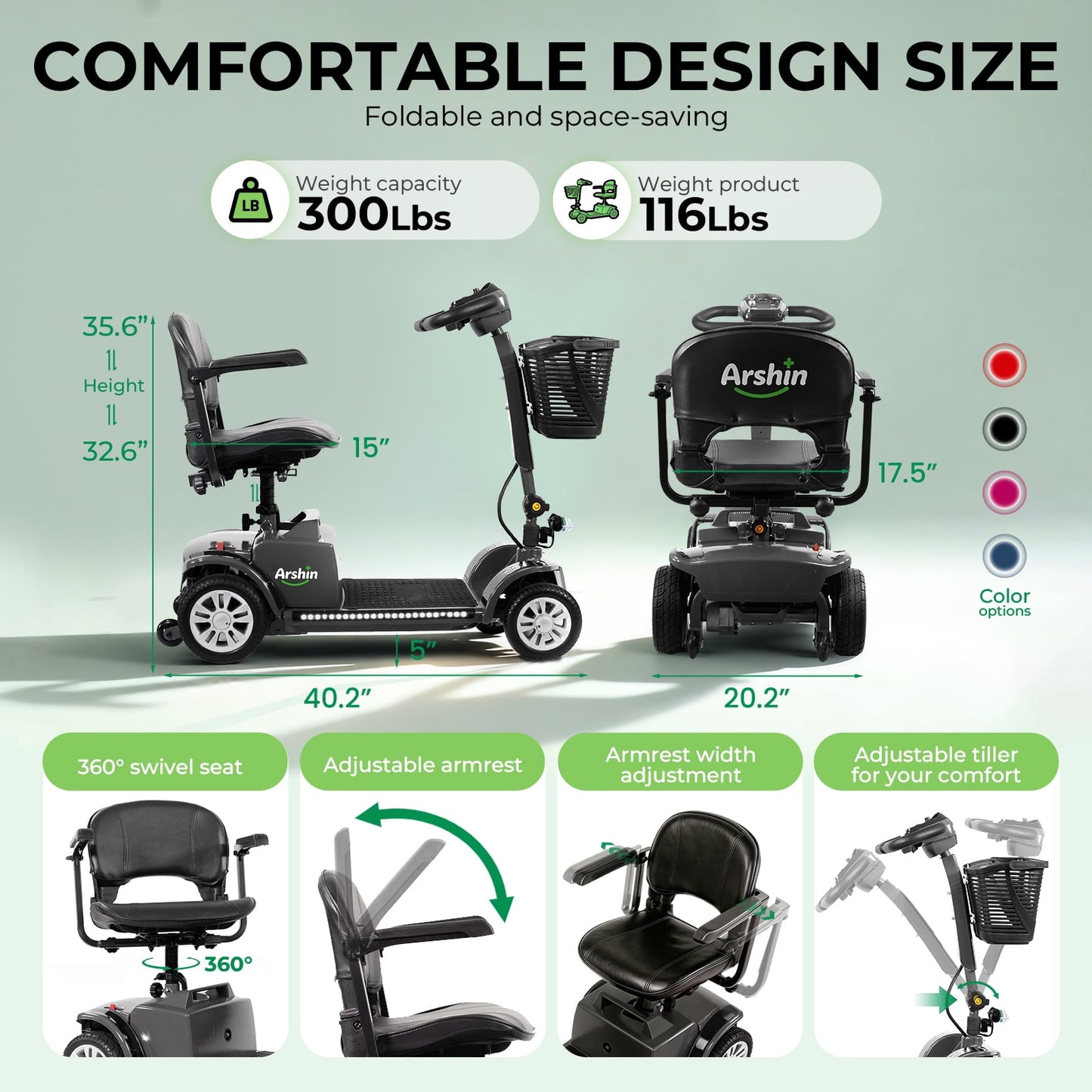 Arshin 4-Wheel Mobility Scooter for Seniors,Easy-to-Use,Foldable & Lightweight,300lbs,Black