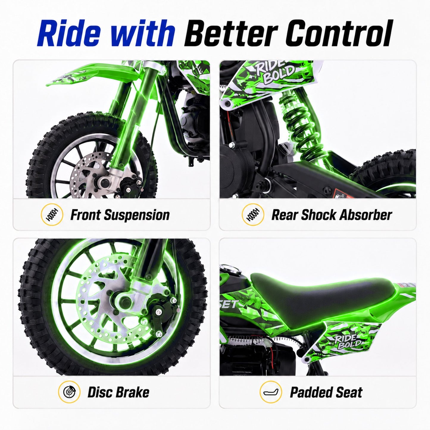QEASET Mini Bicycles Ride-On Toy, 39cc 4-Stroke Gas Powered Off-Road Motorcycle with Rear Suspension & Disc Brakes, 18 MPH Top Speed, Supports Up to 165 lbs, Green