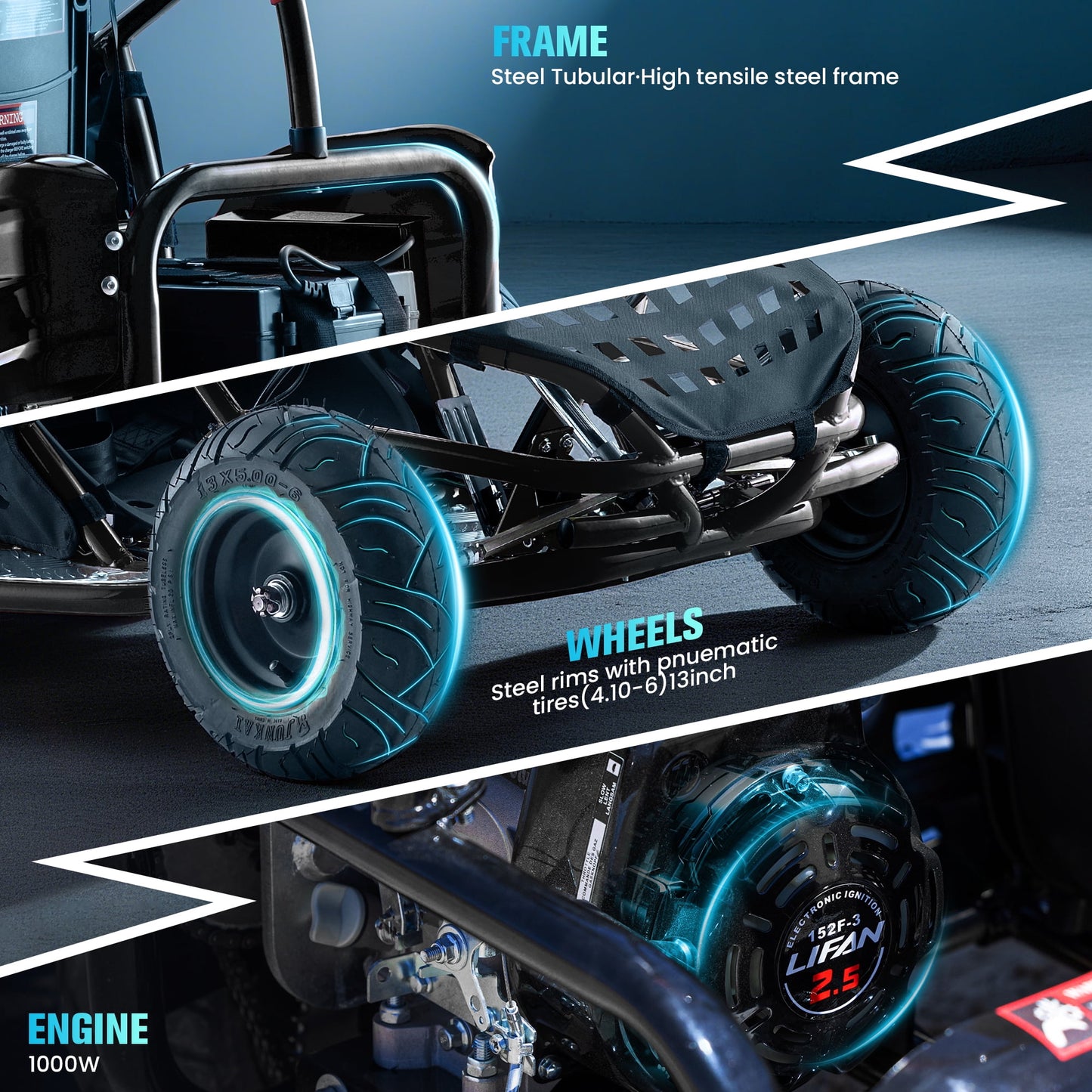 Arshin Electric Ride-On Go-Kart for Teens,1000W 48V Motor,Max 20Mph with 3-Speed Parental Control(10/13/20Mph),4-Wheel Drive,13"Pneumatic Tires,for Ages 13+ and up to 120LBS(Black)