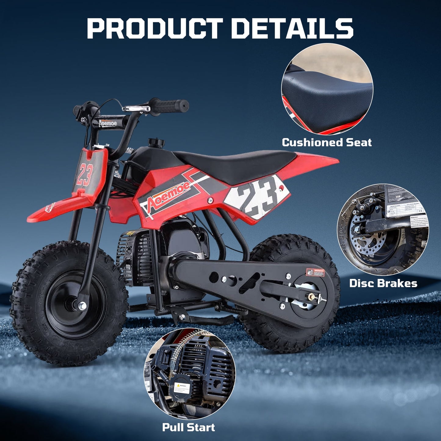 Aoemoe 49cc Kids Dirt Bike Gas Powered, Mini Off-Road Motorcycle with Suspension & Disc Brakes, 18 Mph, 160 Lbs Capacity, Red