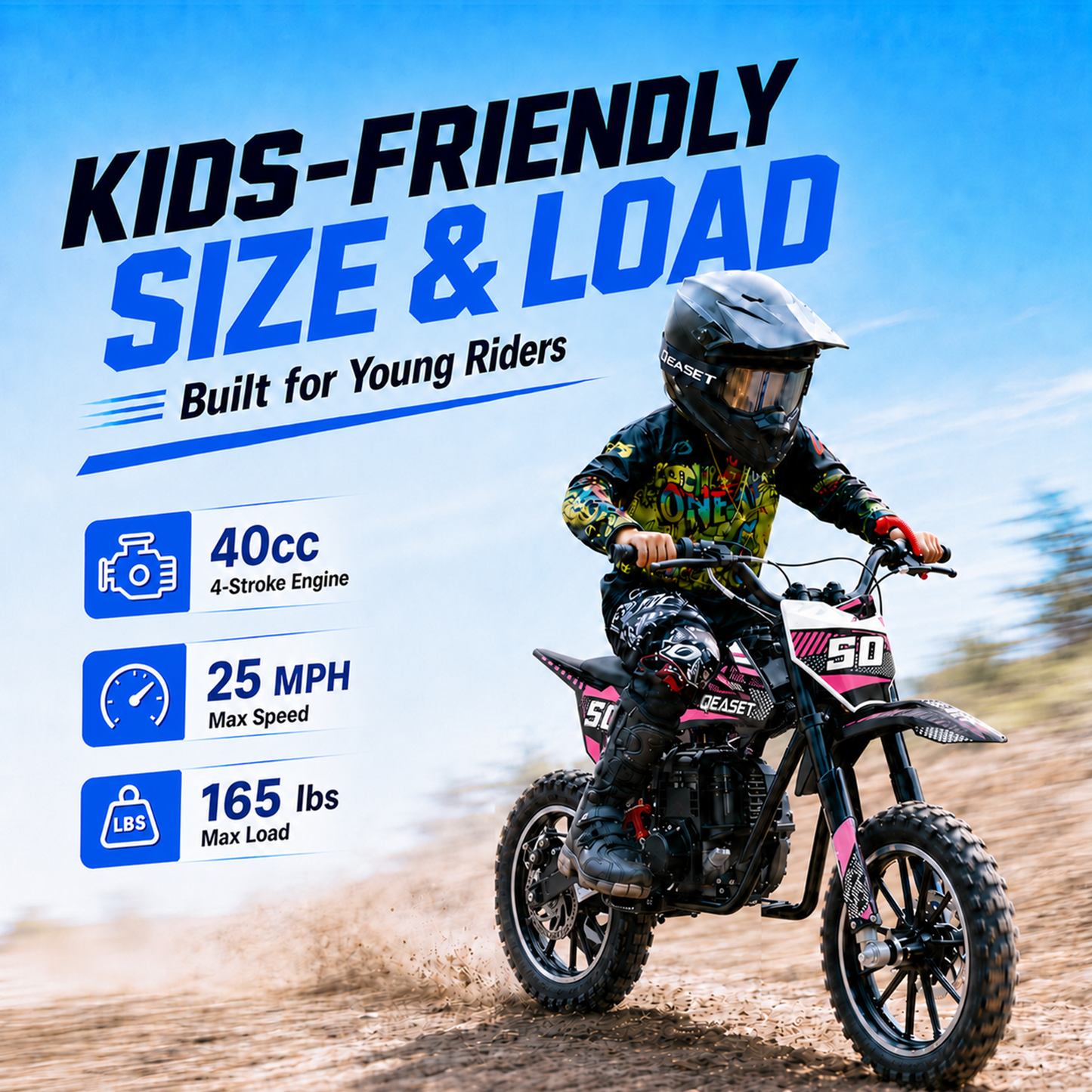 QEASET Mini Gas Powered Ride-On Motorcycle, 39CC 4-Stroke Engine with Disc Brakes, 20 MPH Top Speed, 6.3" Ground Clearance, Supports Up to 165 lbs, Minimal Assembly, Pink