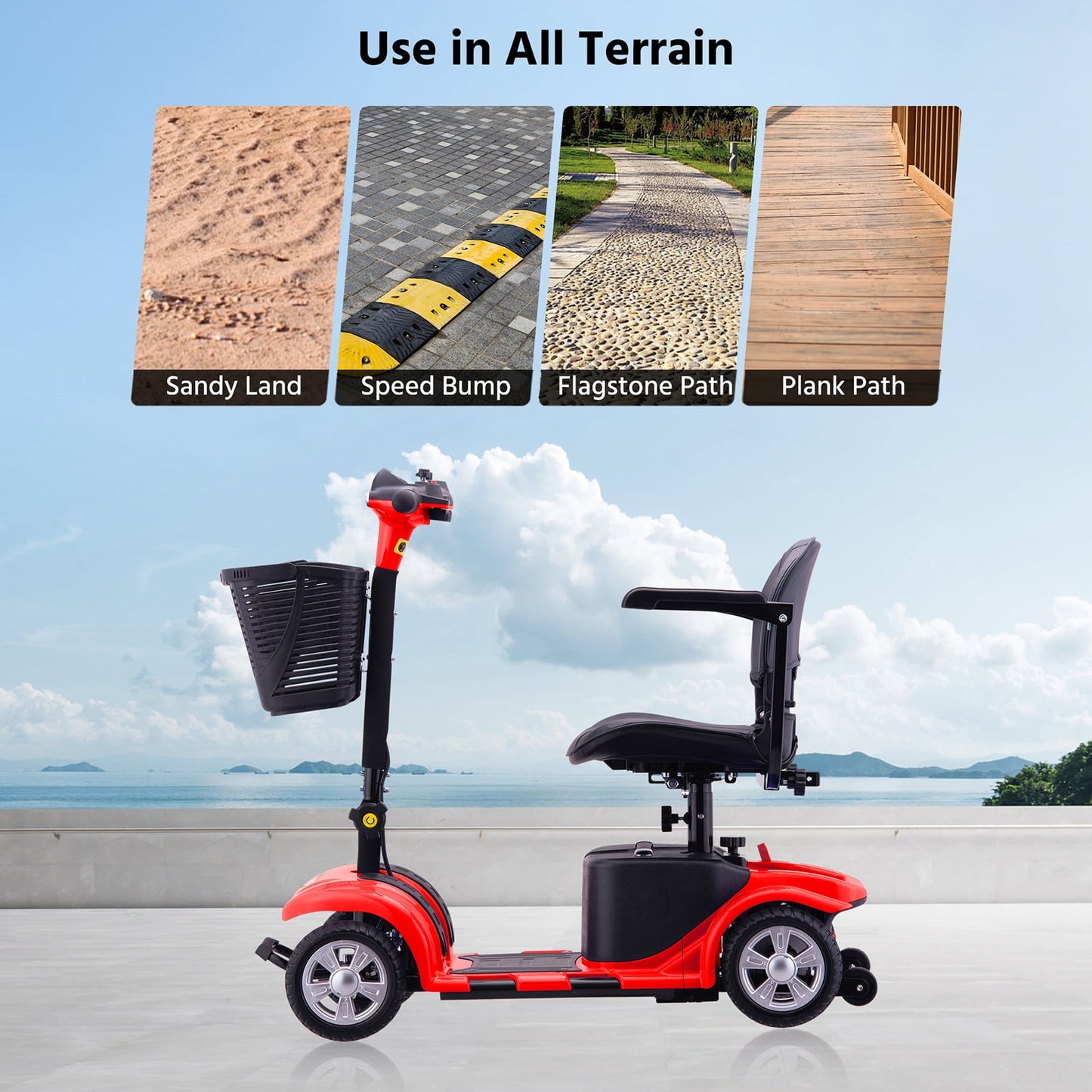 Upgrade 4 Wheels Mobility Scooters for Seniors & Adult,Foldable Electric Wheelchair for Adult,All Terrain Motorized Scooters with 300 LBS,Long Travel Range,Basket,Rotating Seat,Red