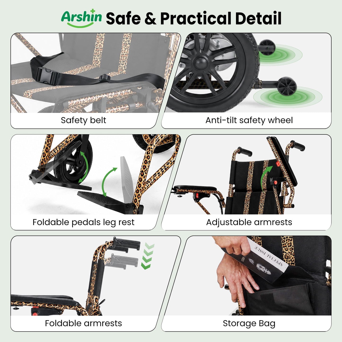 Arshin Electric Wheelchair Lightweight Foldable,20+ Miles Electric Wheelchairs for Adults,360°Joystick Motorized Wheelchair,286+ lbs Capacity,Leopard Brown