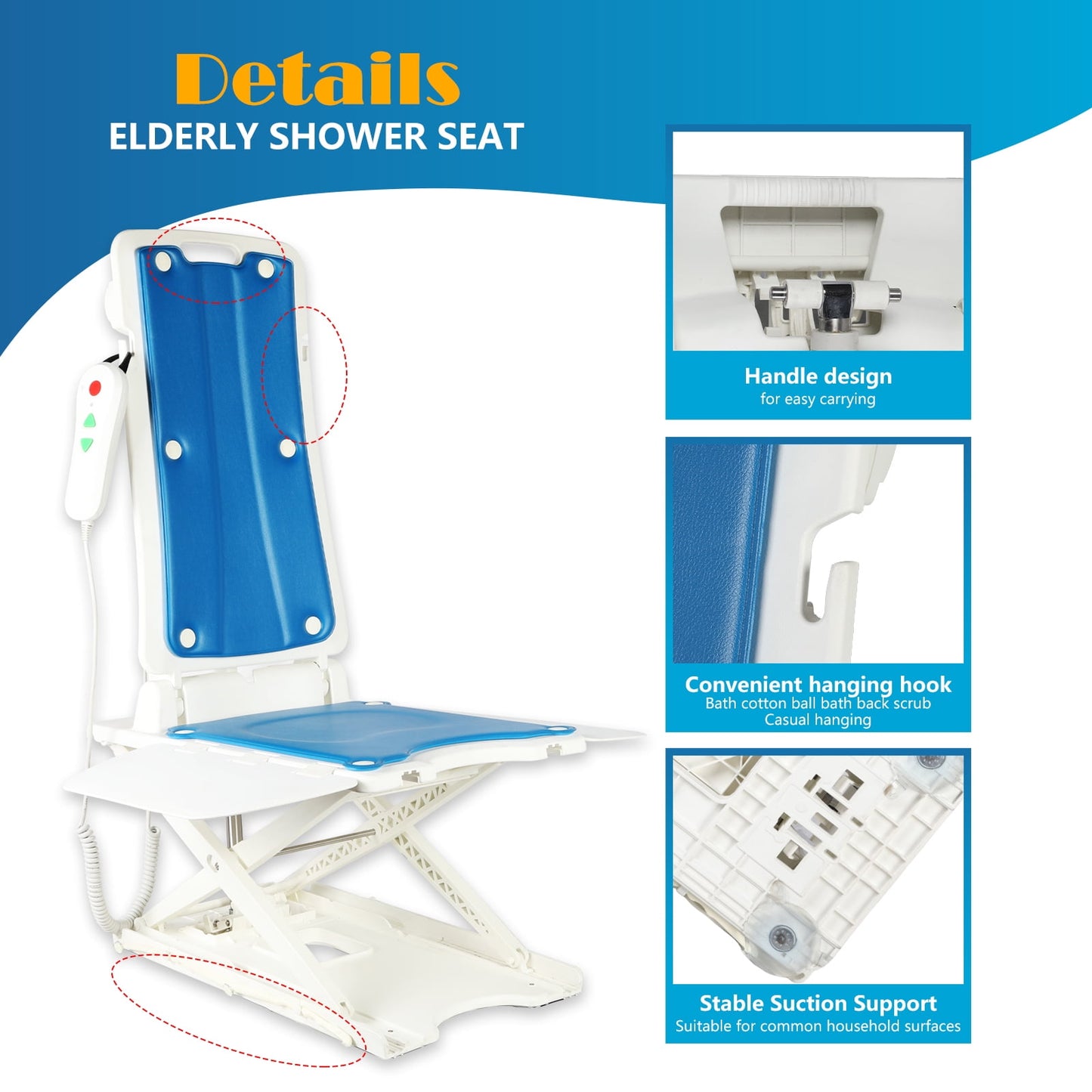 Electric Chair Lift for Senior, Remote Control Floor Lift with Padded Backseat, Bathtub Lift for Elderly, Net Weight 24 LBS, Support Max 308 LBS, Safety and Waterproof Design, Include Charger