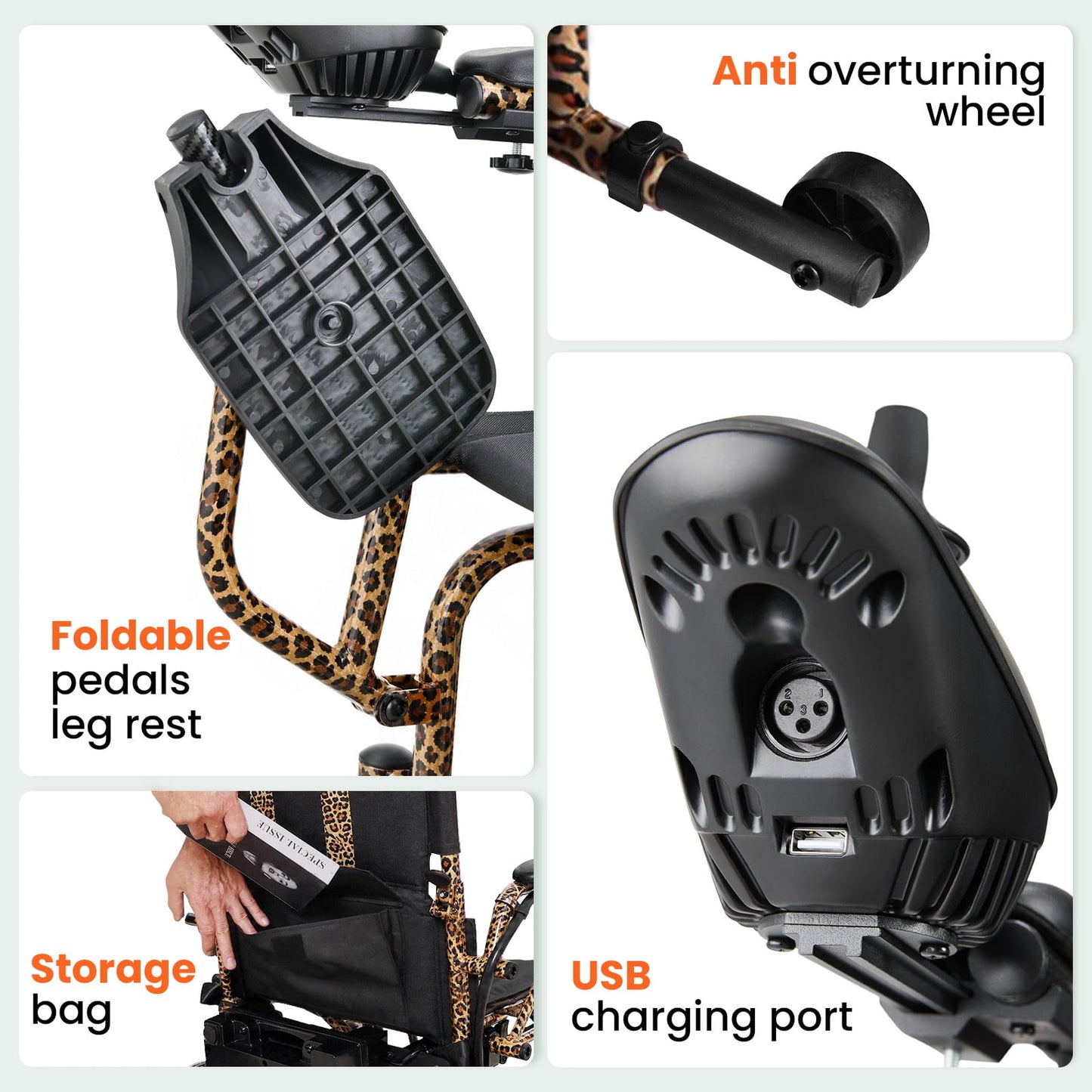 Arshin Electric Wheelchairs for Adults 20+ Miles Range,Silent Electric Wheelchair Lightweight Foldable with 360°Joystick,All Terrain Dual Motors,286+ lbs Capacity(Leopard Brown)