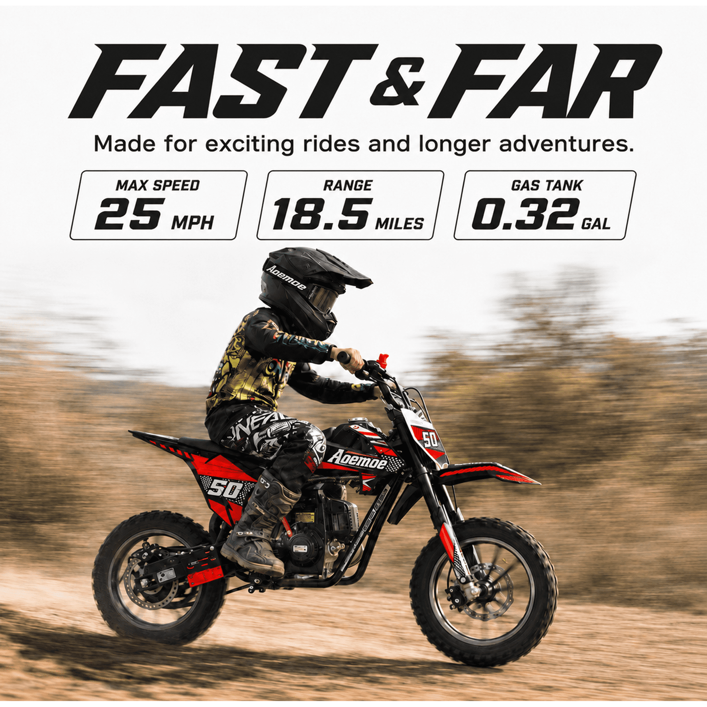 Aoemoe 39cc motor bike, 20mph gas dirt bikes for boys 8 12, Disc Brakes, Max Load 165Lbs, kids dirt bike, Red