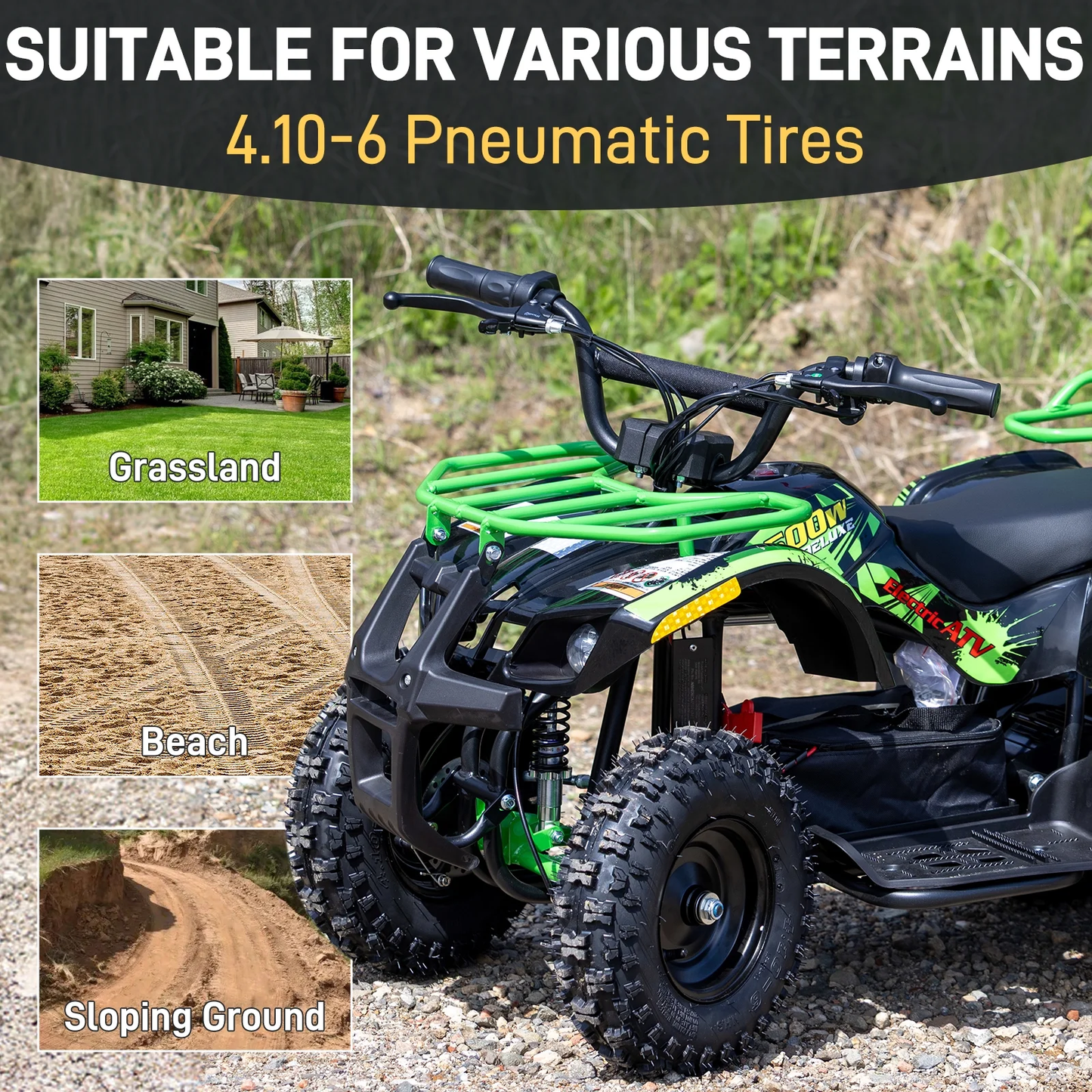 500W 36V Battery Ride-On Off-Road 4-Wheeler – 15-Mile Range, Green