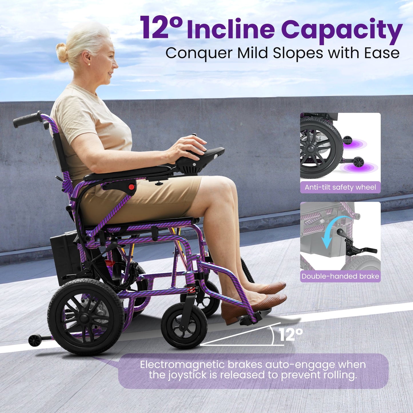 QEASET Foldable Electric Wheelchair for Seniors, All Terrain Motorized Wheelchair for Seniors with Detachable Battery, Purple