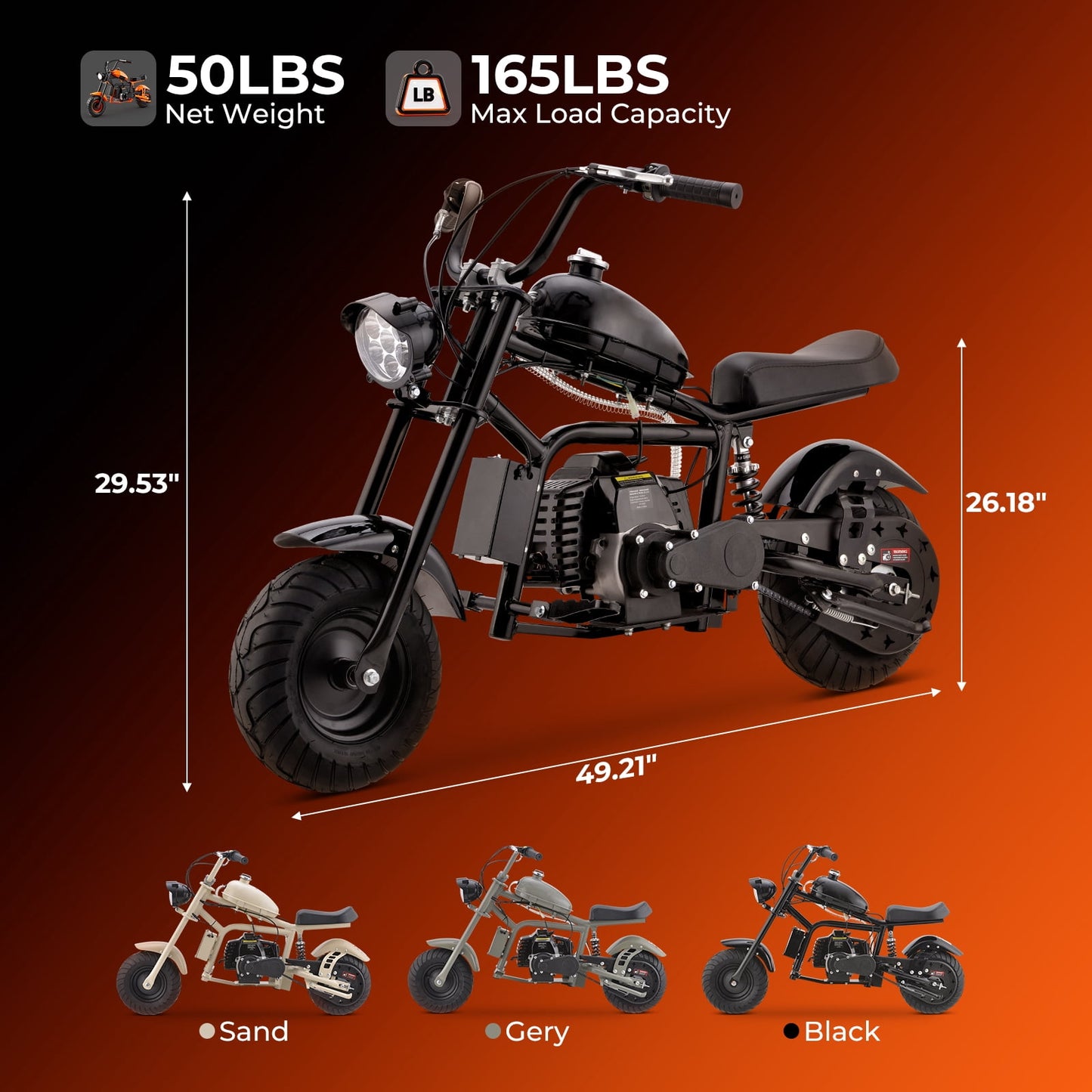 QEASET 39cc Gas Mini Bike,4-Stroke, Off-Road Ride-On Motorcycle, Top Speed 18 mph, 165 lb Capacity, Black