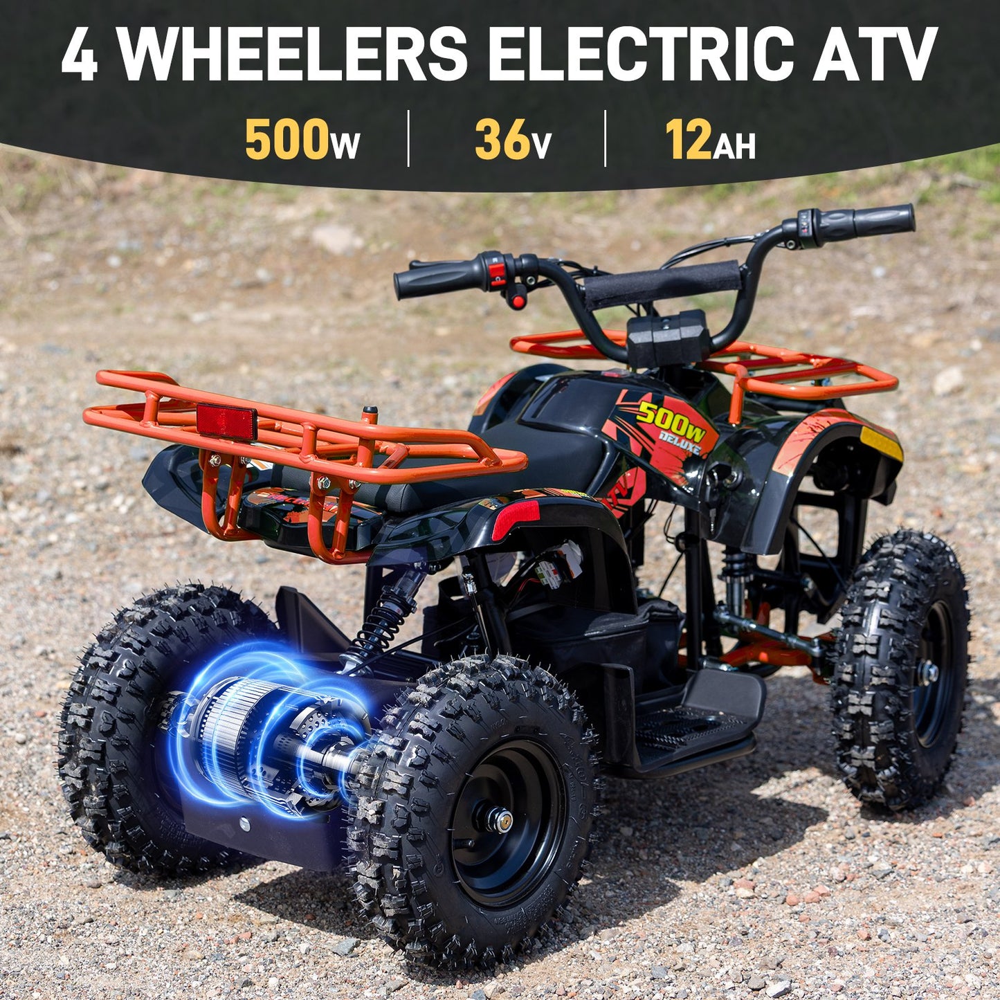 36V Electric 500W Motor 4‑Wheeler with Dual Shock Absorber Suspension, IVFJFV 4‑wheel Off‑Road Tires & Anti‑Collision Safety Flag for Age 8‑14 for Backyard Leisure & Rough Ground Trips,Orange