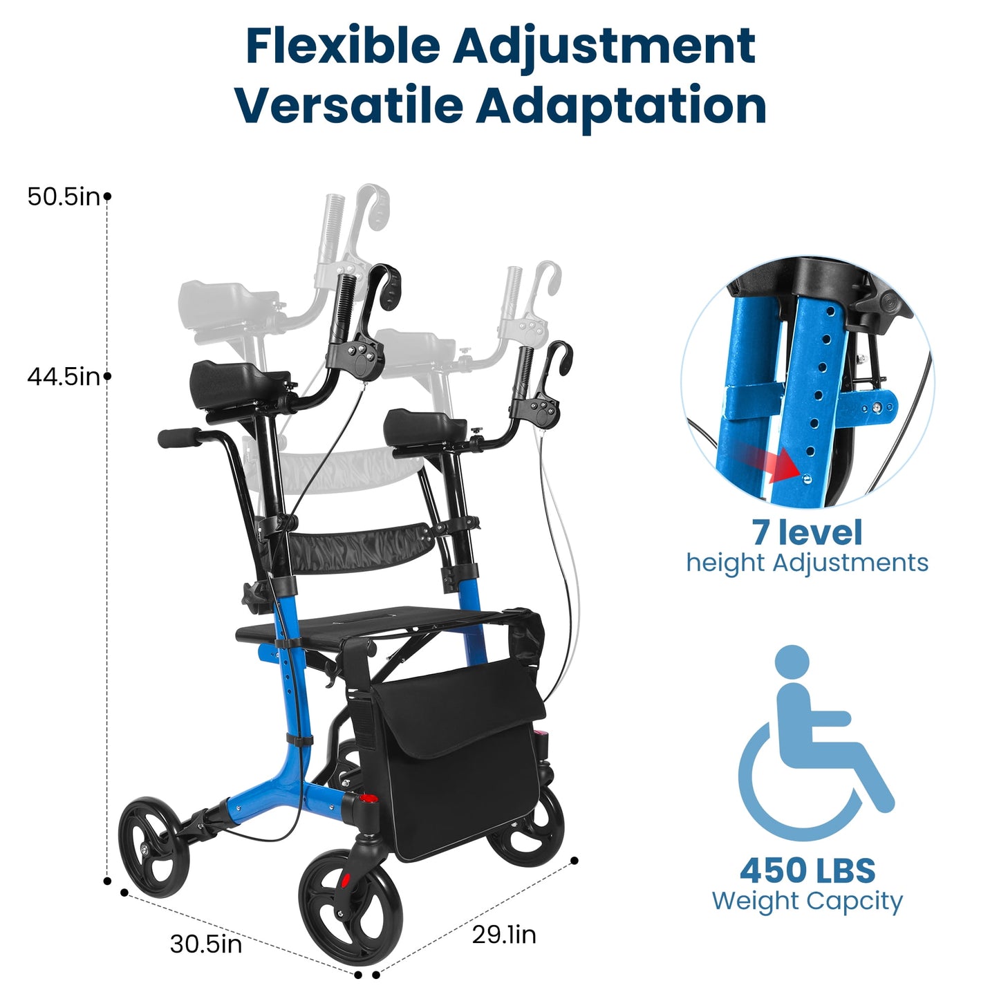 Arshin Medical Rollator Walker with Seat-Stable Mobility Support-Height Adjustable-Durable Steel Frame Construction-Smooth 9.5" All-Terrain Wheels-Foldable-450 Lb Limit-Blue
