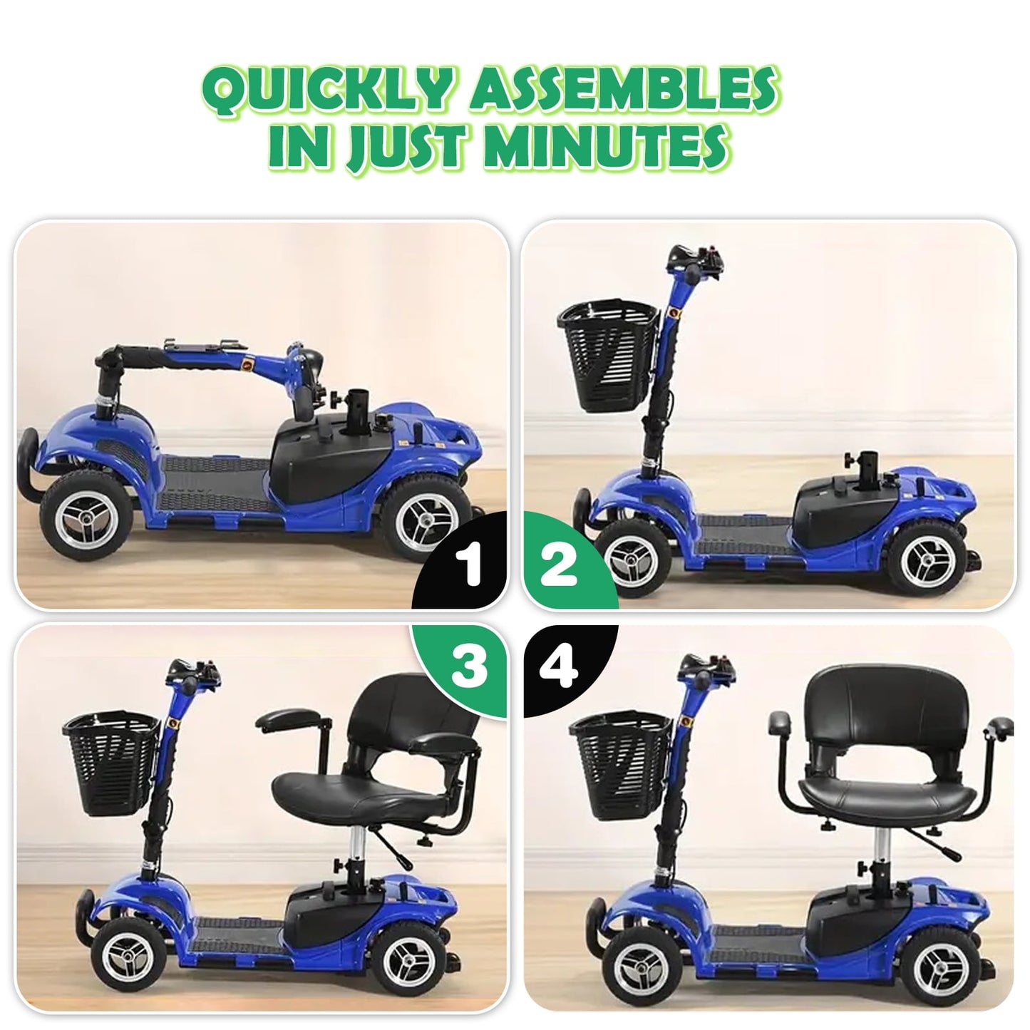 Aoemoe 4 Wheels Mobility Scooter for Adults, Senior Electric Powered Chargeable Device for Travel, Lightweight and Portable, with LED Headlights and Basket, Charger Included (Blue)