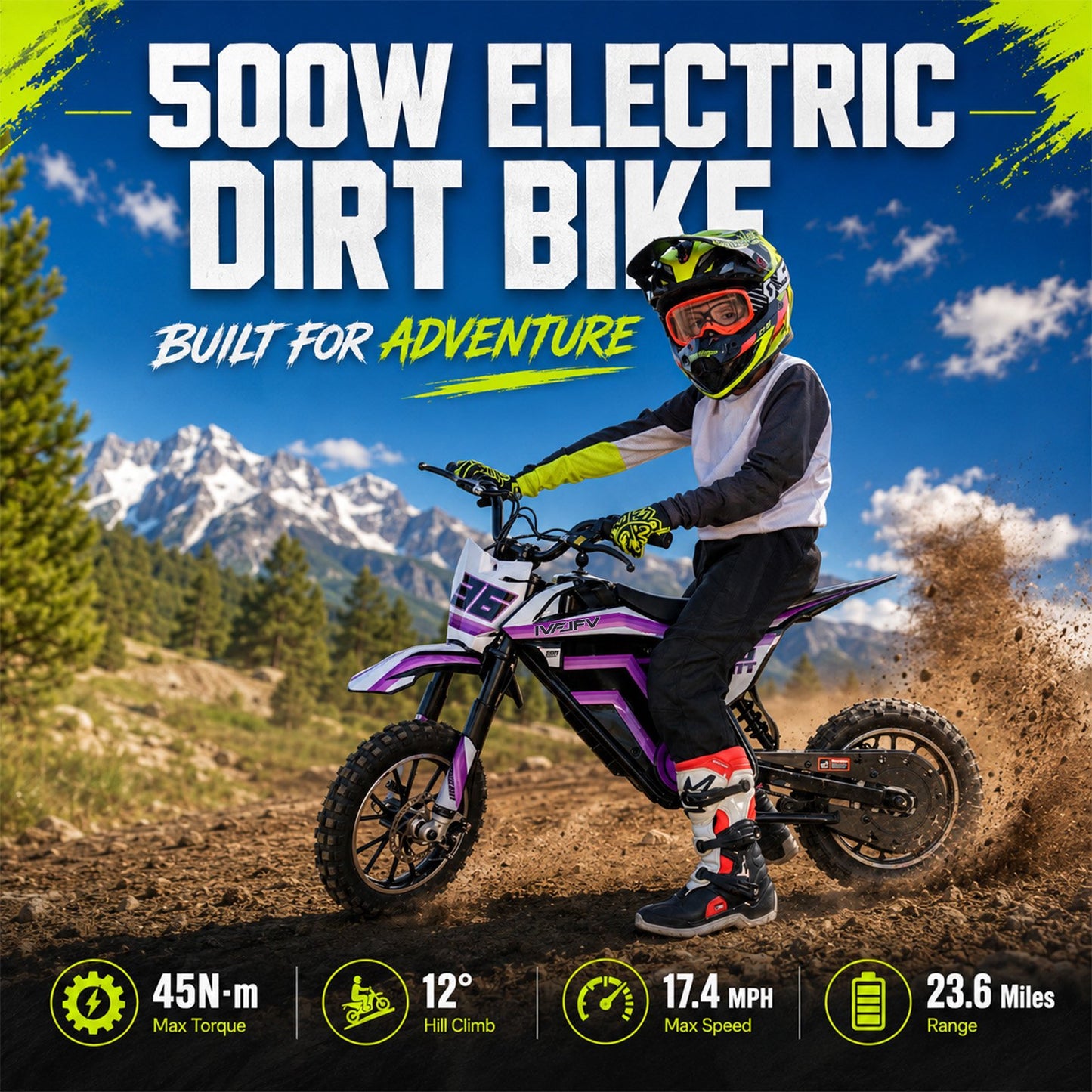 IVFJFV 500W Electric Dirt Bike for Kids,Up to 17.4MPH & 23.6 Miles,Two Speed Modes, Front & Rear Suspension,Mechanical Disc Brakes, 165 LBS,Beginner-Friendly Handle, All-Terrain,PURPLE
