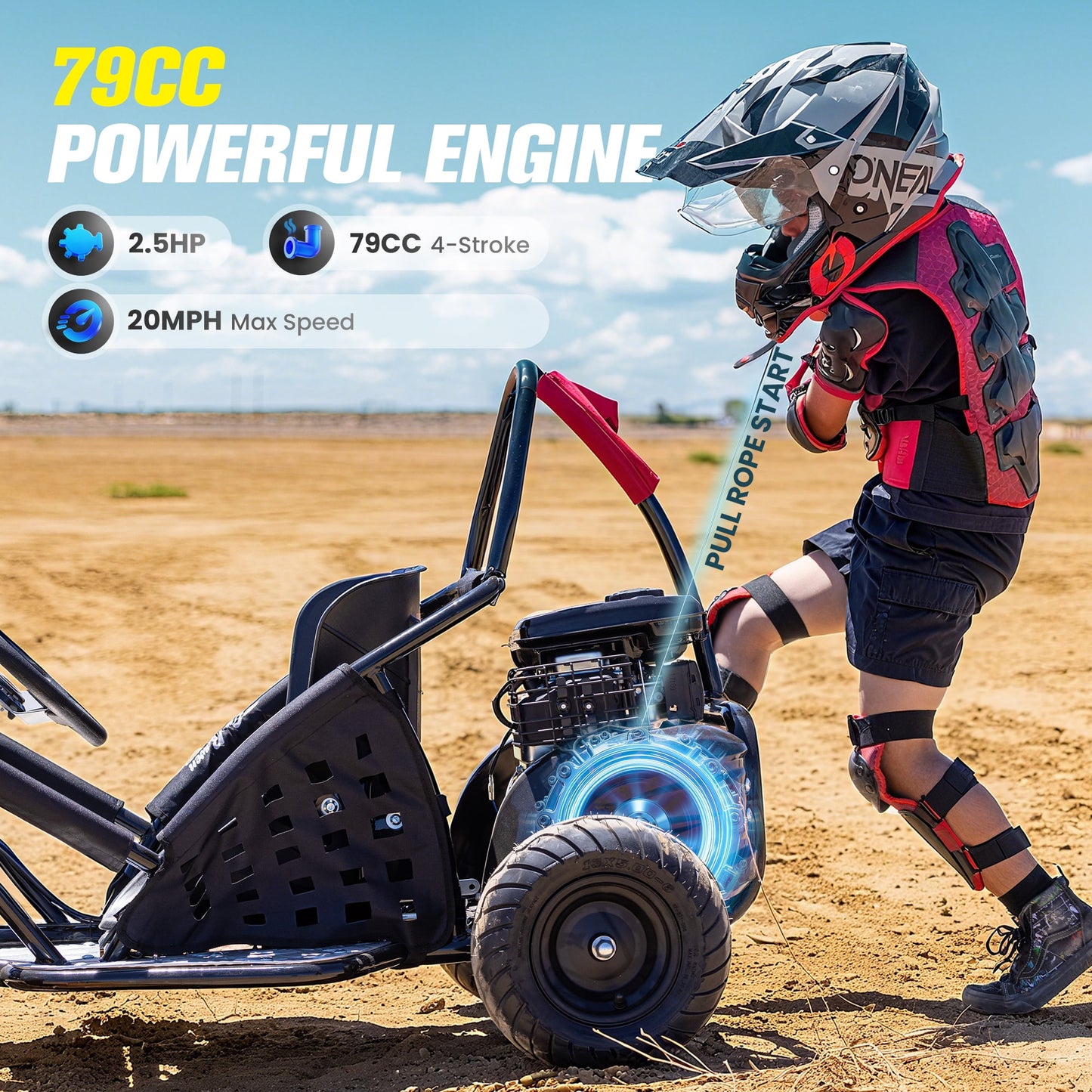 QEASET 79cc Gas Go Kart,2.5HP 4-Stroke,20Mph Go Kart Outdoor Race Toy, Holiday Gift(Black)