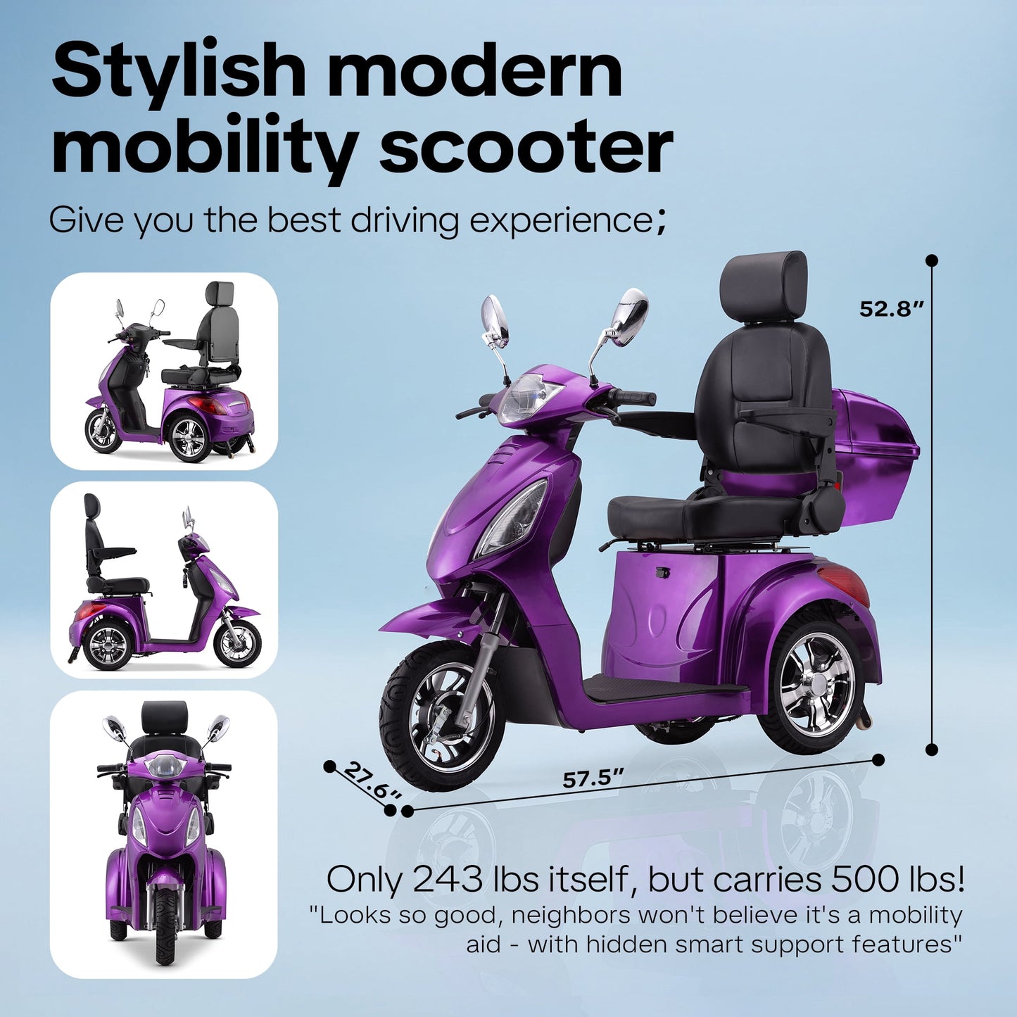 Arshin 3-Wheel Mobility Scooter for Seniors–500 lb Capacity,800W Motor,31-Mile Long Range,15 MPH Top Speed,Premium Comfort Seat,Rear Trunk,No Assembly(Purple)