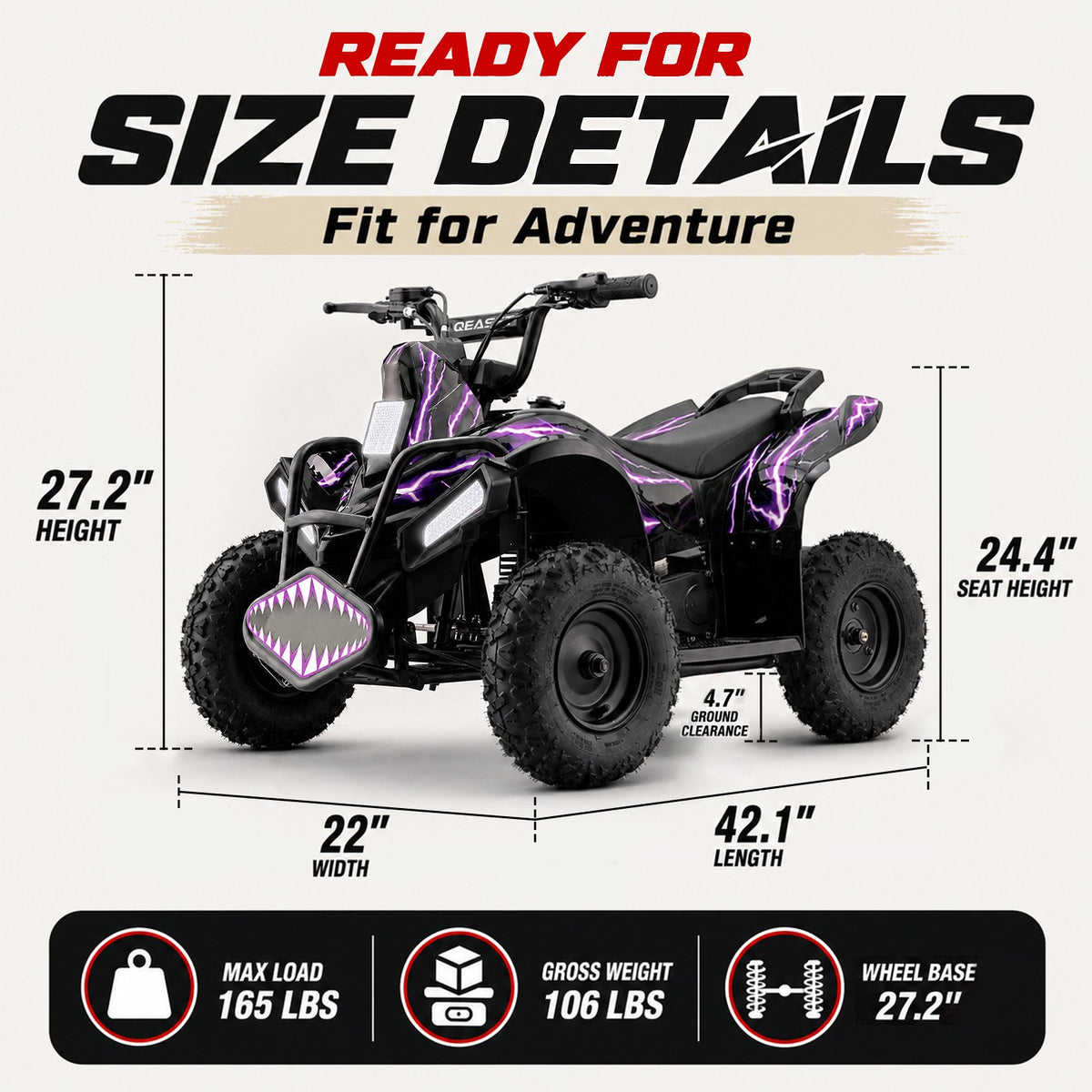 39cc Teen Gas ATV, Gas Powered 4 Wheeler for Teens 16+, 4-Stroke Beginner ATV, Up to 15 MPH, Adjustable Speed, Safety Switches, Front & Rear Brake - Purple