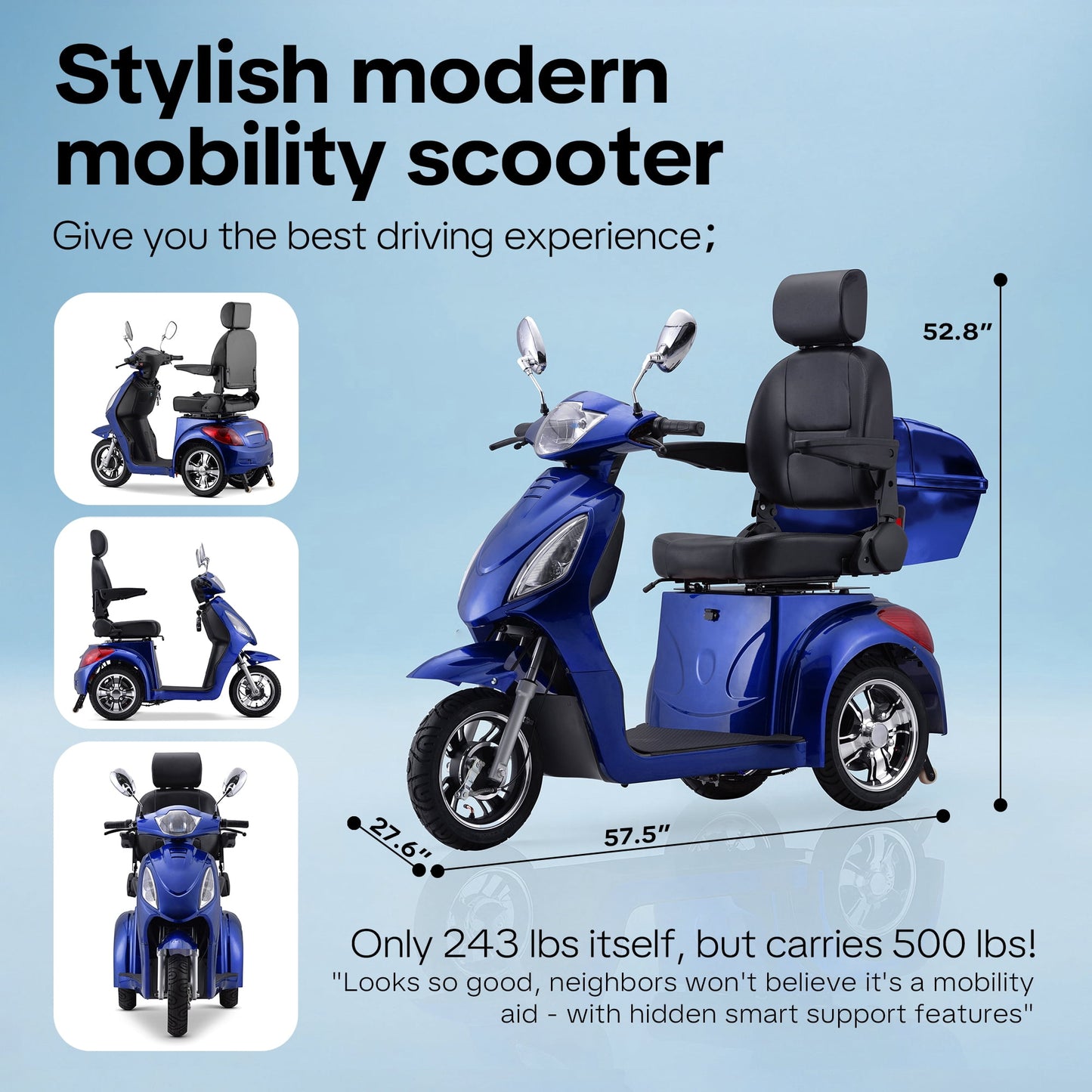 New & Improved 3-Wheel Mobility Scooter for Adults & Seniors - 500 lb Heavy Duty Capacity,31-Mile Range,800W Power for Outdoor Use by Arshin,All-Day Riding,Easy to Use(Blue)