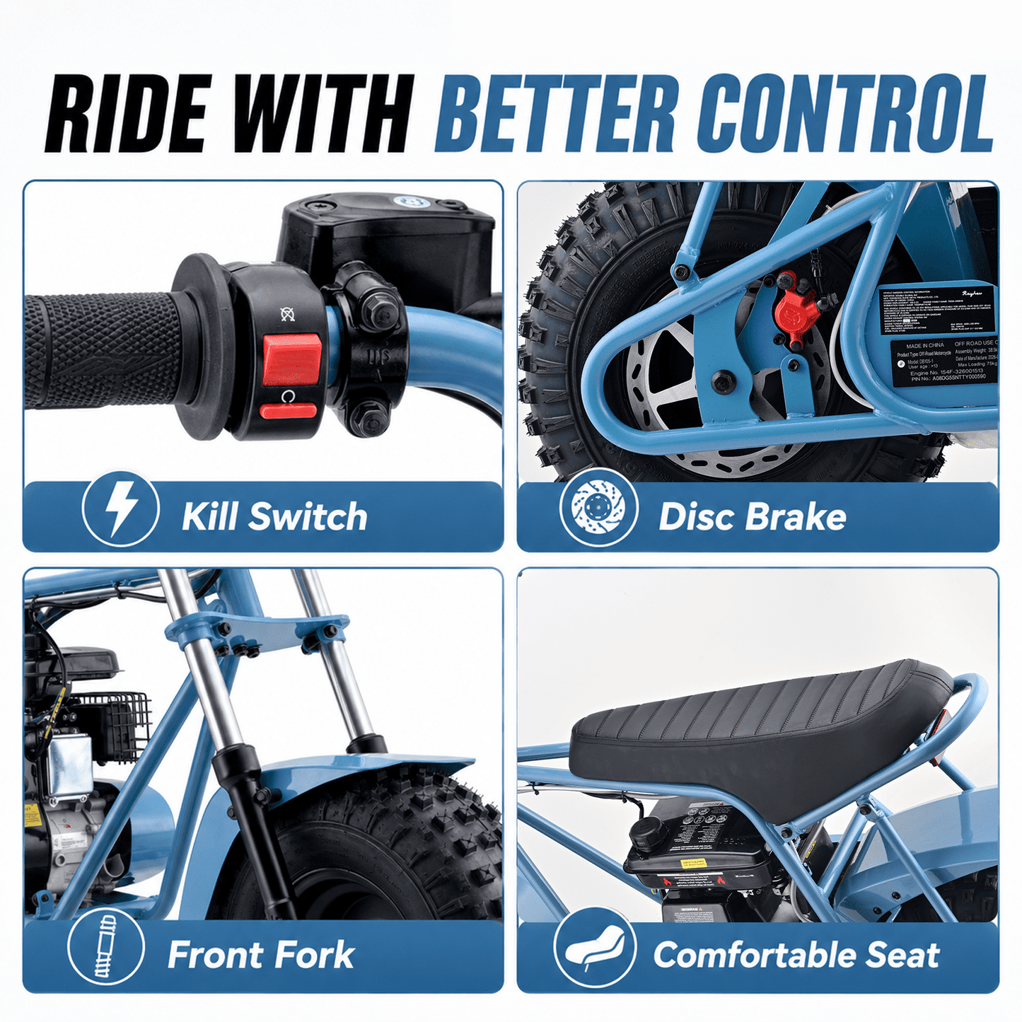 QEASET 105CC 4-Stroke Mini Bike with Shock Absorption, Off-Road Motorcycle, Blue