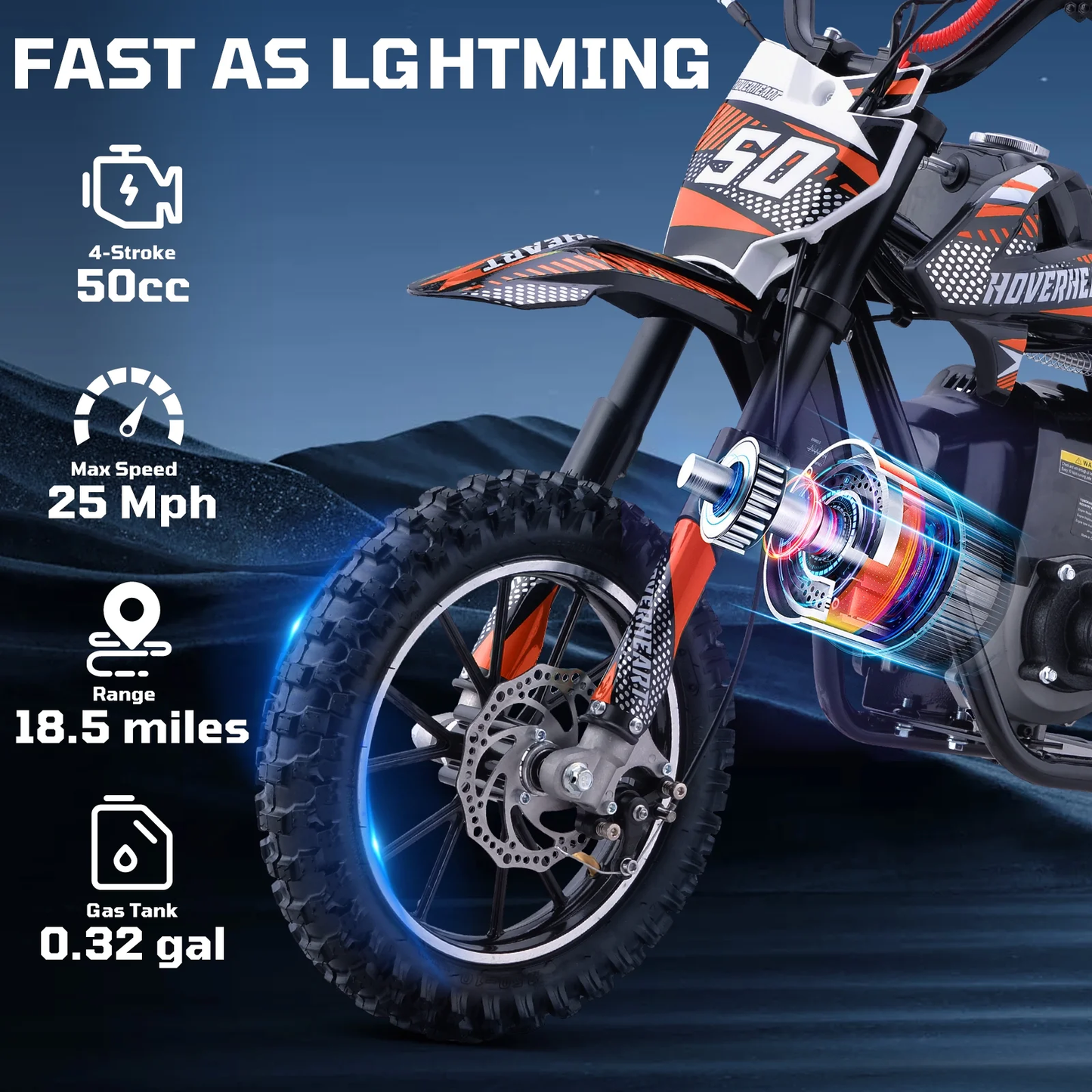 Aoemoe Gas Dirt Bike, 50cc 4-Stroke Gas Powered Kids Off Road Motorcycle (Model-DB4S004) with Off-Road Tire, Suspensions, Disc Brakes, Max Load 165Lbs, Up to 25Mph, NO OIL MIX REQUIRED