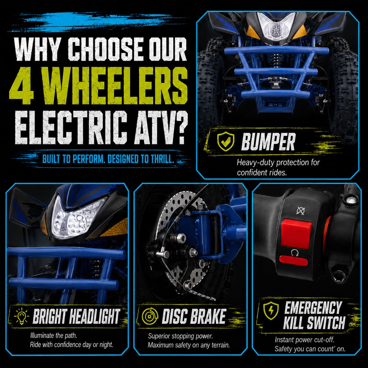 IVFJFV 36V Electric 4 Wheeler, Electric Four Wheeler with Rubber Tires, 500W Off-Road All-Terrain Featuring Dual Speed Adjust, Front Rear Shock Absorbers, Multiple Safety Protection Designs,BLUE